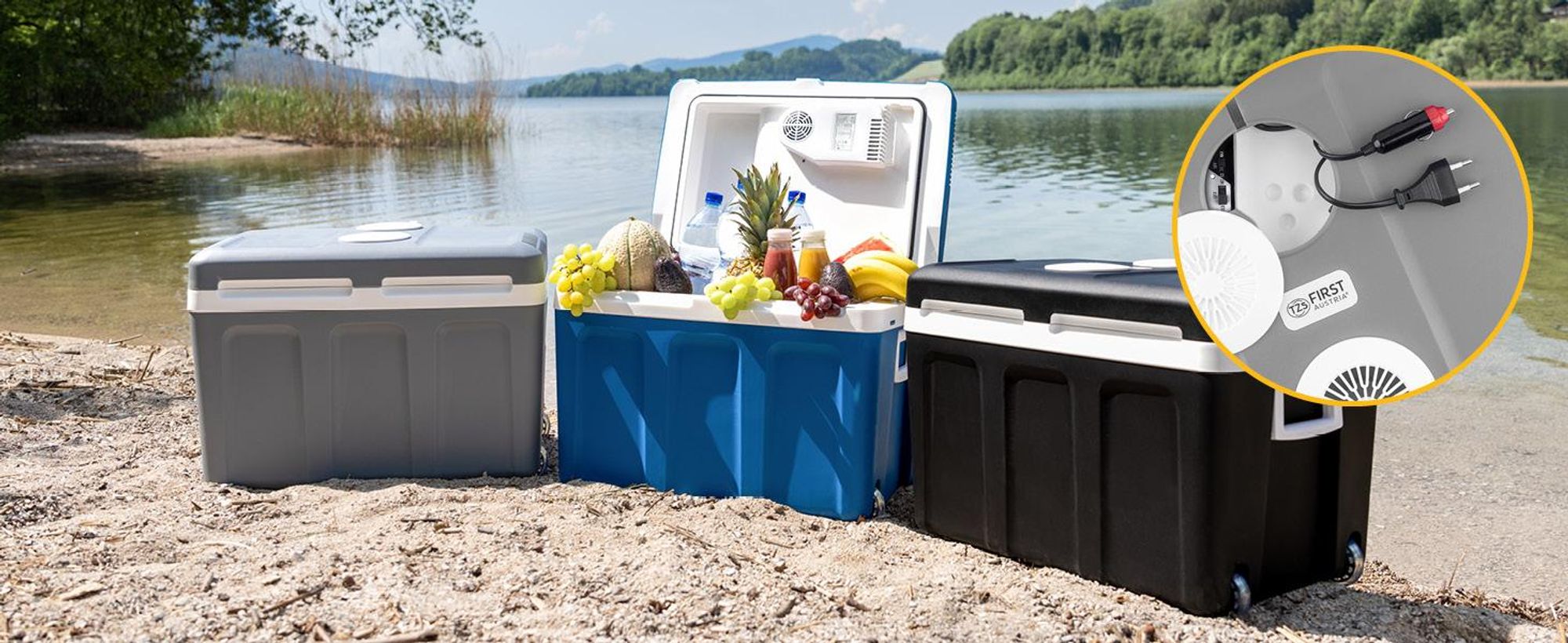 TZS First Austria - Kühlbox 45L elektrisch 12V 230V Anschluss für Auto & Steckdose - Thermoelektrisch - Grau