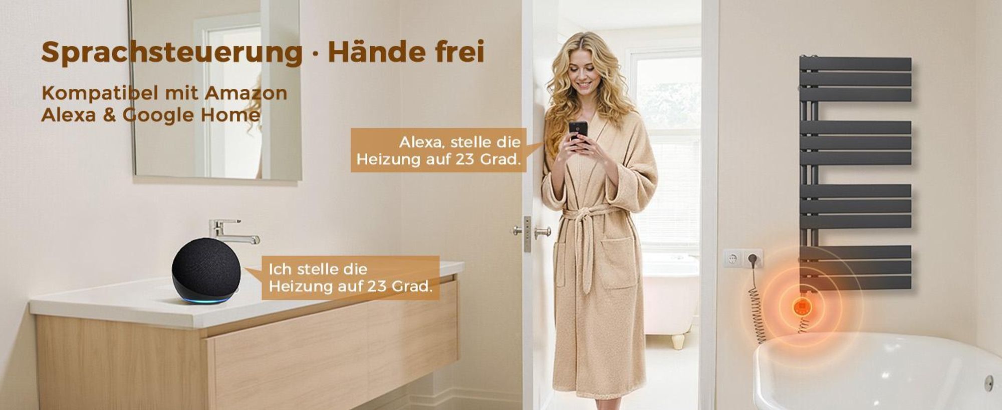 S’AFIELINA Heizstab mit Thermostat 1200W, programmierbarer Timer & LCD-Anzeige, WiFi, für Badheizkörper, Edelstahl, intelligente Steuerung, Anthrazit