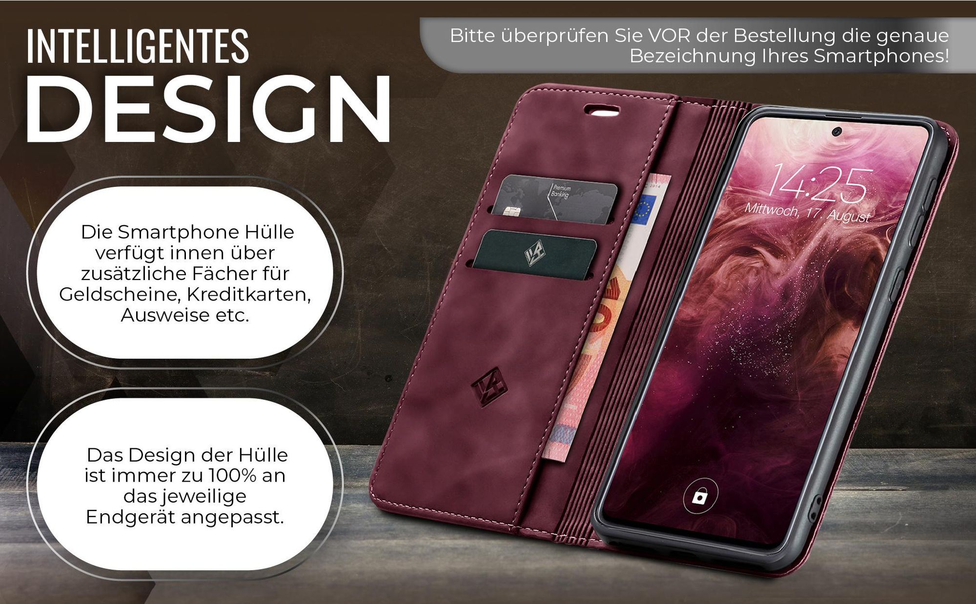 Edle Schutzhülle in Weinrot für Xiaomi Redmi Note 9 mit Kartenfächern und Geldfach