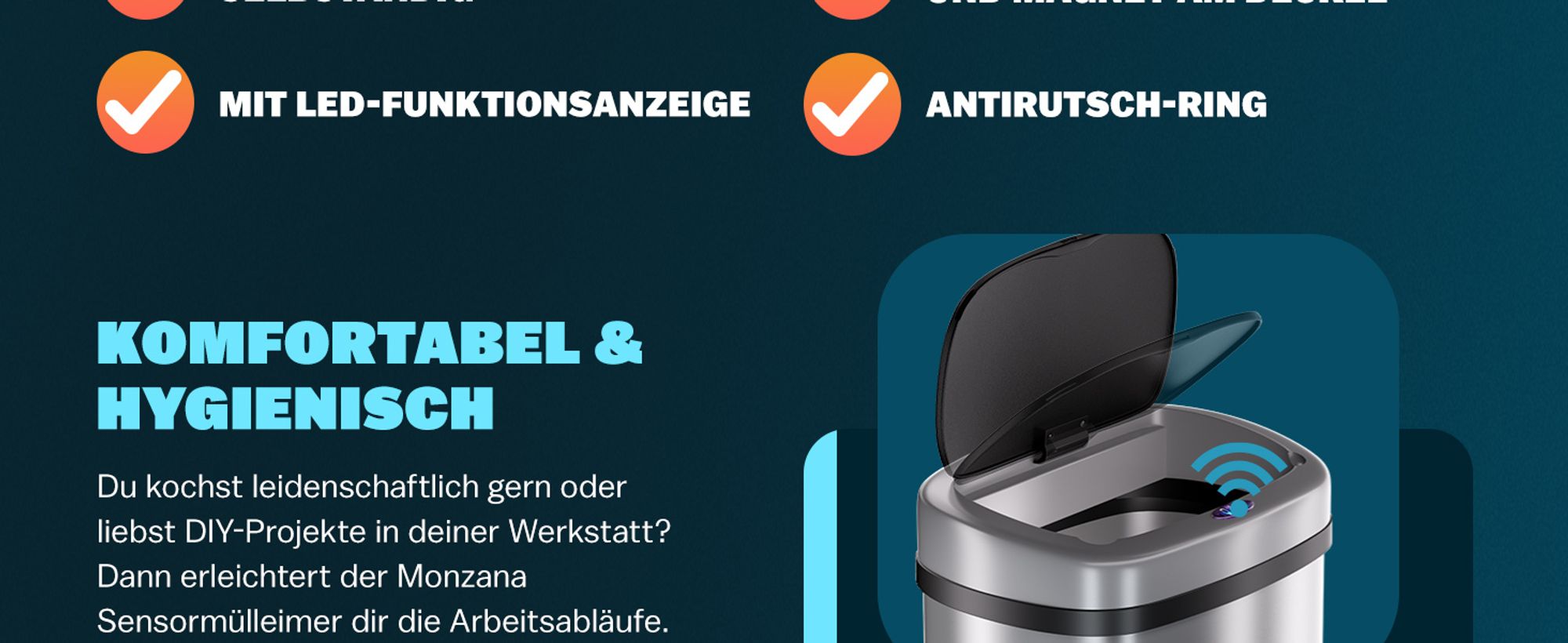 MONZANA® Mülleimer mit Sensor Küche 50L Edelstahl Automatik Deckel Klemmring inkl. USB-Kabel Abfalleimer Groß Papierkorb LED Anzeige, Farbe:schwarz
