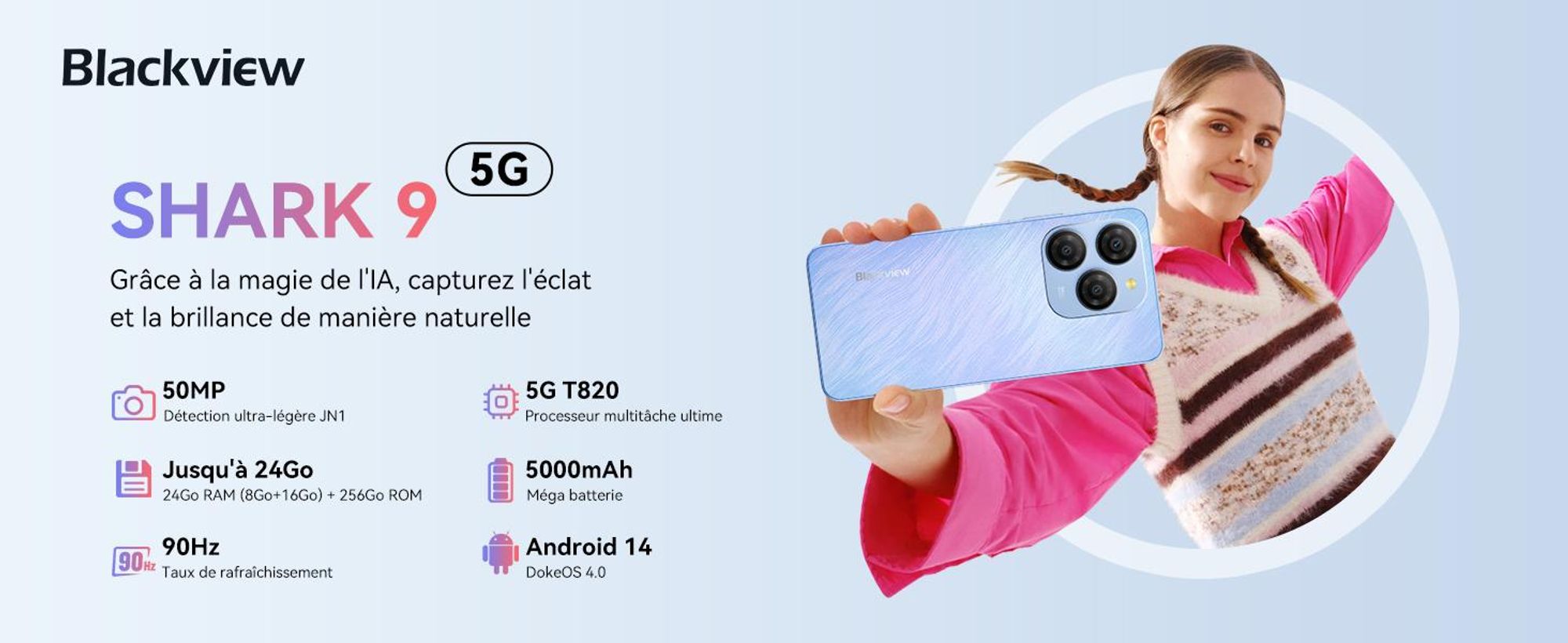 Blackview Shark 9 mobile 5G 24GB(8+16GB)+256GB/2TBTF,Octa Core,Super PD 50MP AI album photo, Smartphone sans contrat, 6.67", 5000mAh, Dual SIM, 4K Video