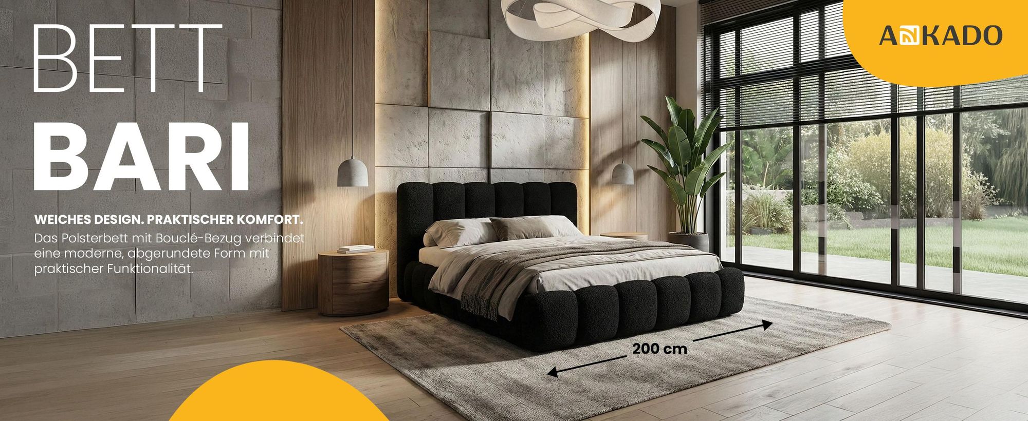 Polsterbett 200x200 cm Schwarz – Doppelbett mit Bettkasten aus Bouclé-Stoff (Quelle 100)