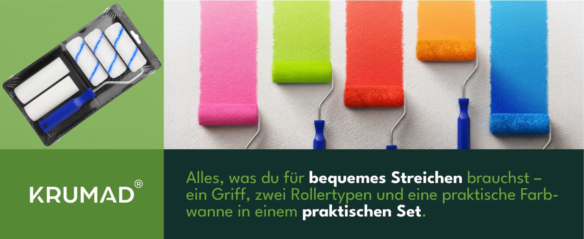KRUMAD Farbroller Set 5-teilig, Malerrollen Set für Wandfarbe und Lack, Farbwalze mit Farbwanne und Bügel, für Wände, Decken und Holz