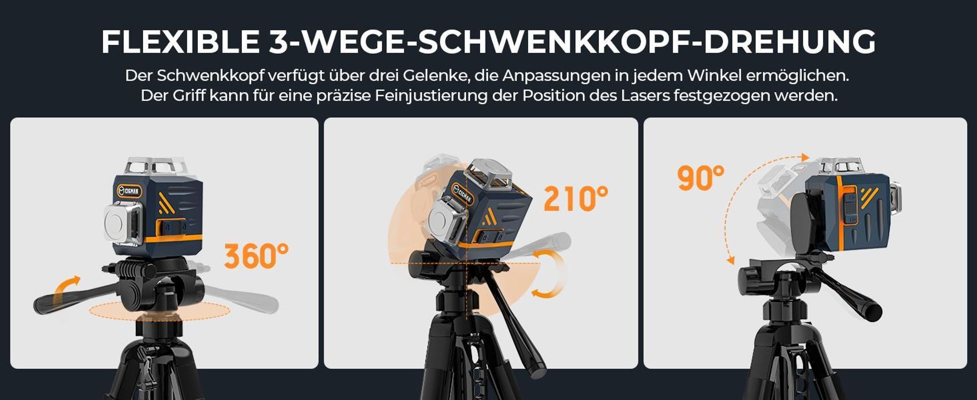 CIGMAN CTP01 Stativ 1,5m für Laser & Kameras, Aluminium, 3-Wege-Kopf