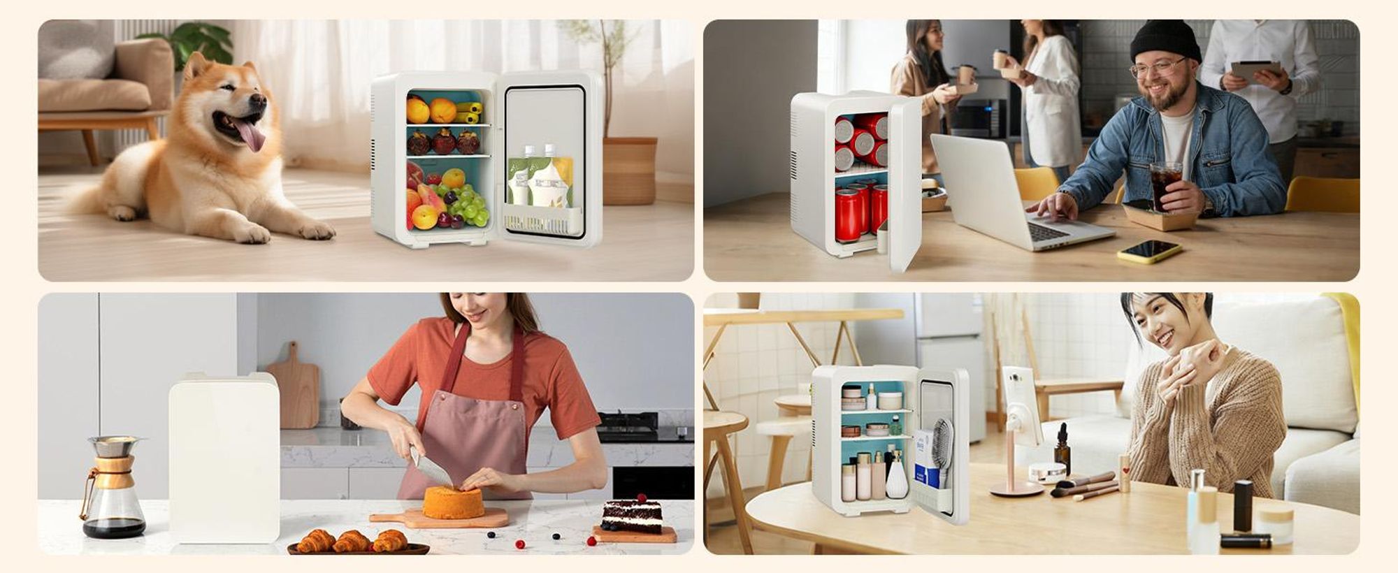 Puluomis Mini Kühlschrank 10L, 2 in 1 Warm- und Kühlbox tragbar Ultra-Leiser Auto Kühlbox (<30dB) 12V/220V /230V AC/DC für Getränkedosen, Snacks Beige