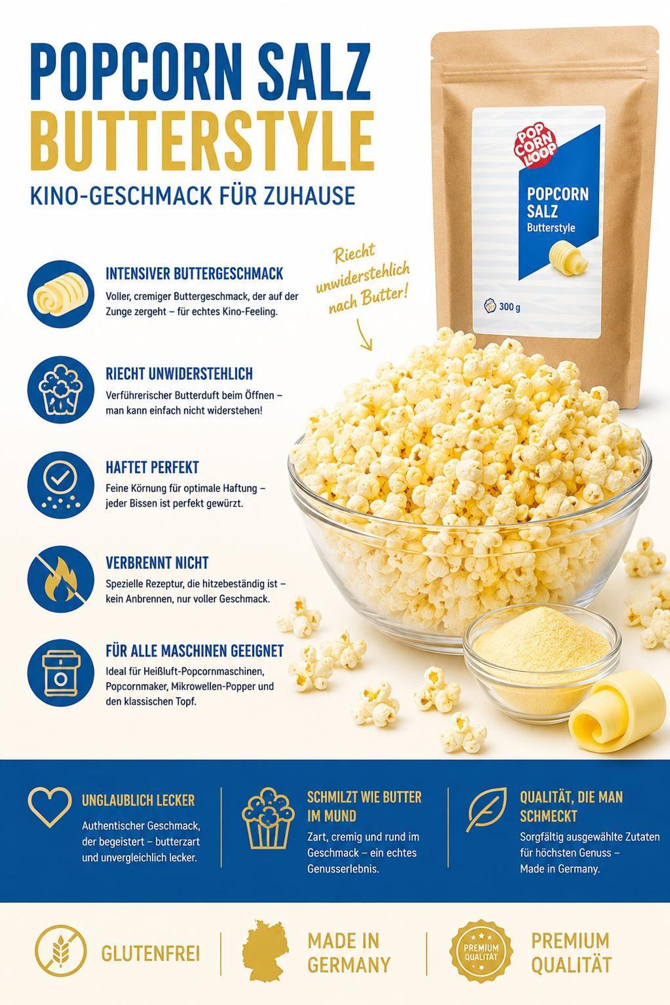 Popcornloop Butterstyle 300gr Popcornsalz mit Butteraroma Pudersalz Salz Popcorn Mais Gewürz zum Verfeinern Kochen Extrafein