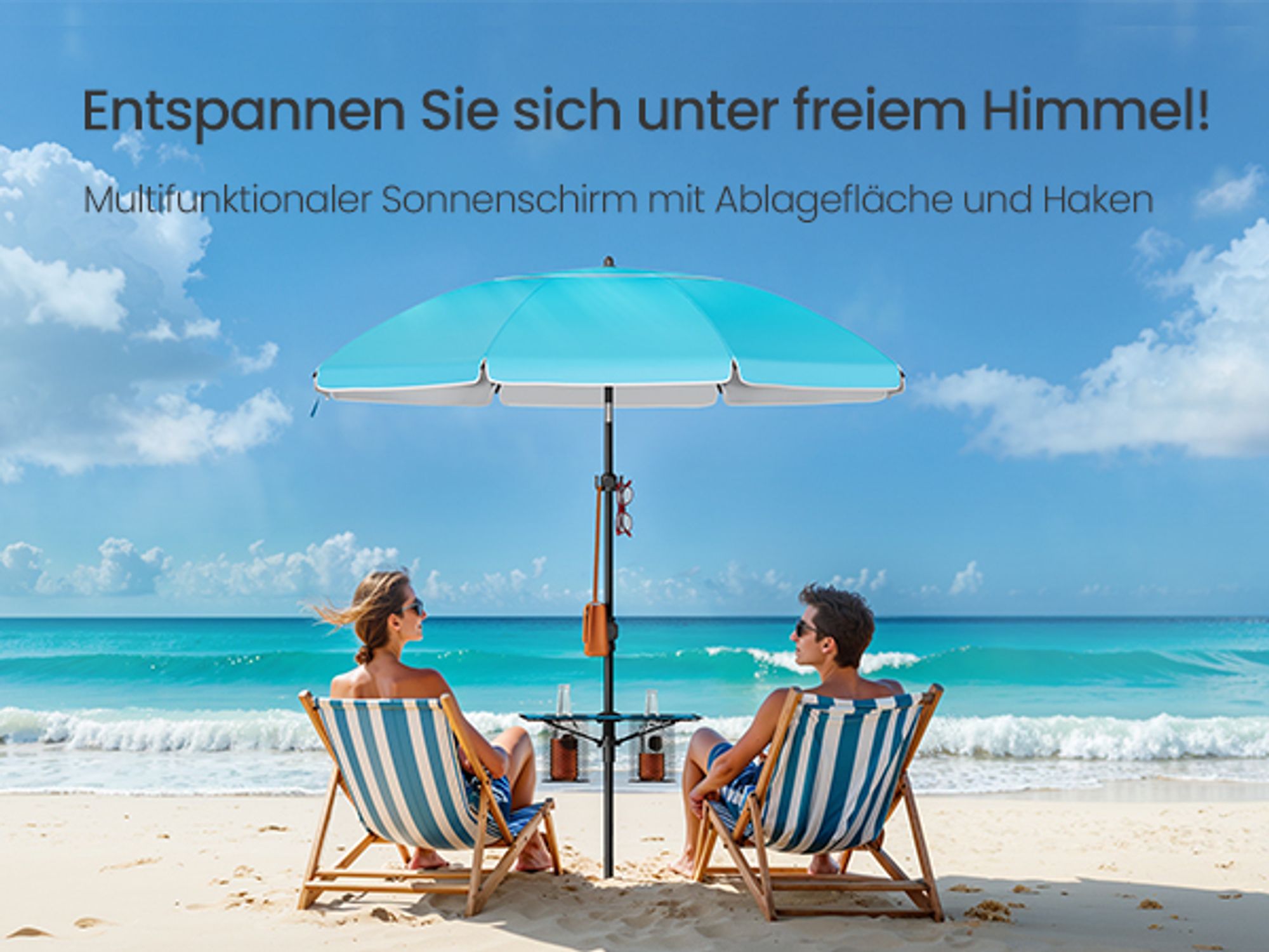 SONGMICS Sonnenschirm ∅160 cm, Strandschirm, Sonnenschutz UPF 50+, Ablagefläche