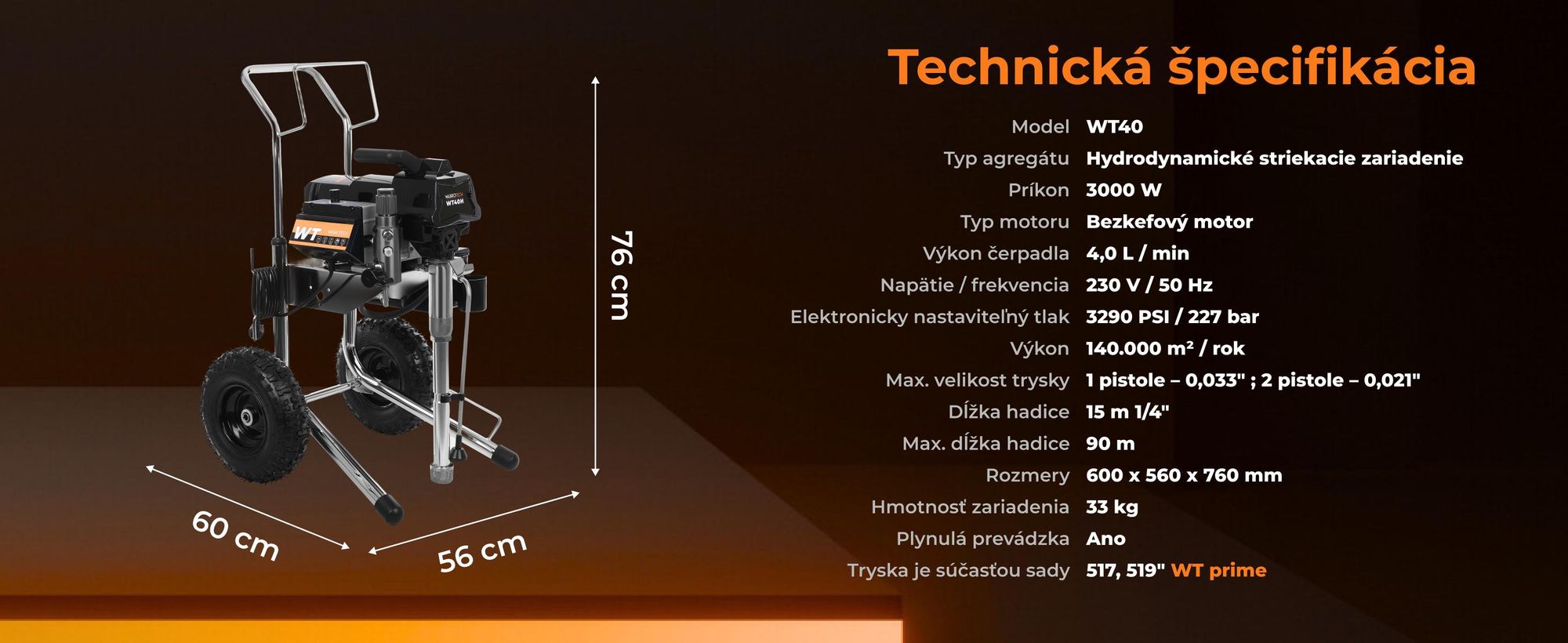 Striekacie zariadenie WABROTECH WT40H, Airless striekací systém s transportnými kolesami, Airless prístroj, 4 L/min
