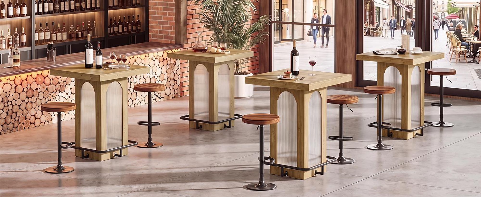 Een vierkant barmeubel van 100 cm hoog, met een verstelbaar plateau en LED-verlichting, een metalen voetsteun, in industriële bistrostijl, geschikt voor een keukenhoek, een thuisbar of een eetkamer