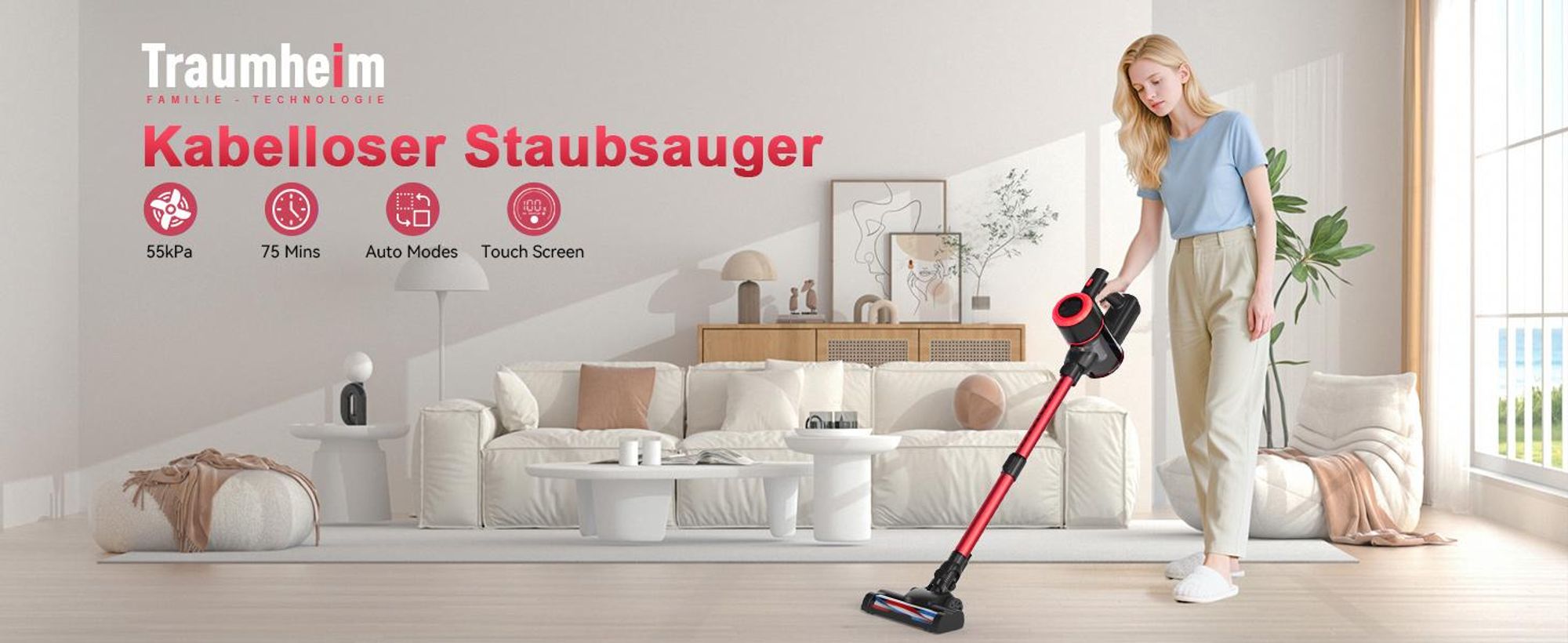 Akku Staubsauger, 500W/32000Pa Staubsauger kabellos mit HEPA ,45 Min, kabelloser Staubsauger,Anti-Tangle-Staubsauger