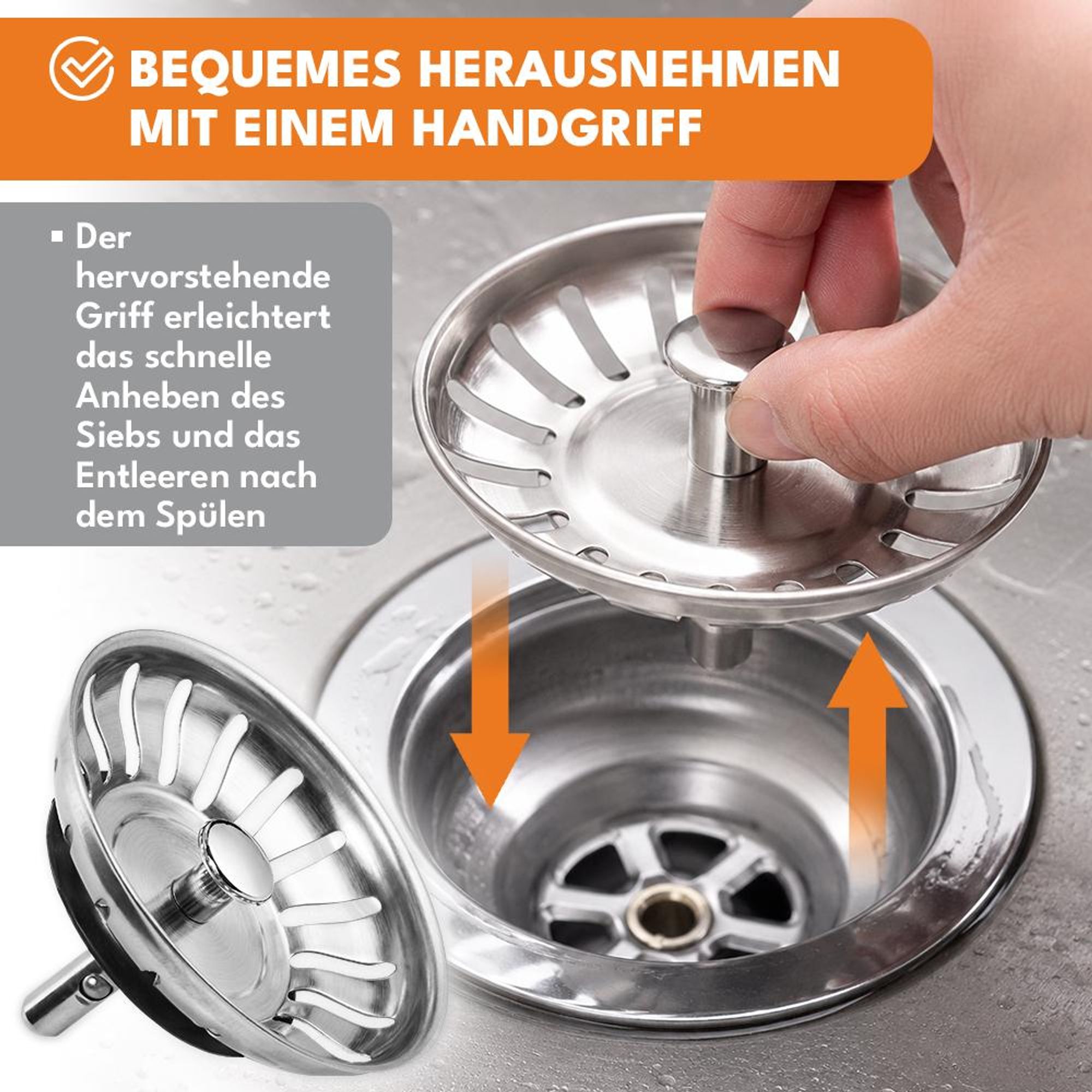 KRUMAD Siebkörbchen, Abflussstopfen mit Sieb 82 mm, Waschbeckenstöpsel aus Edelstahl, Siebkörbchen für Spülbecken, Ablaufstopfen, Spülenstopfen Küche