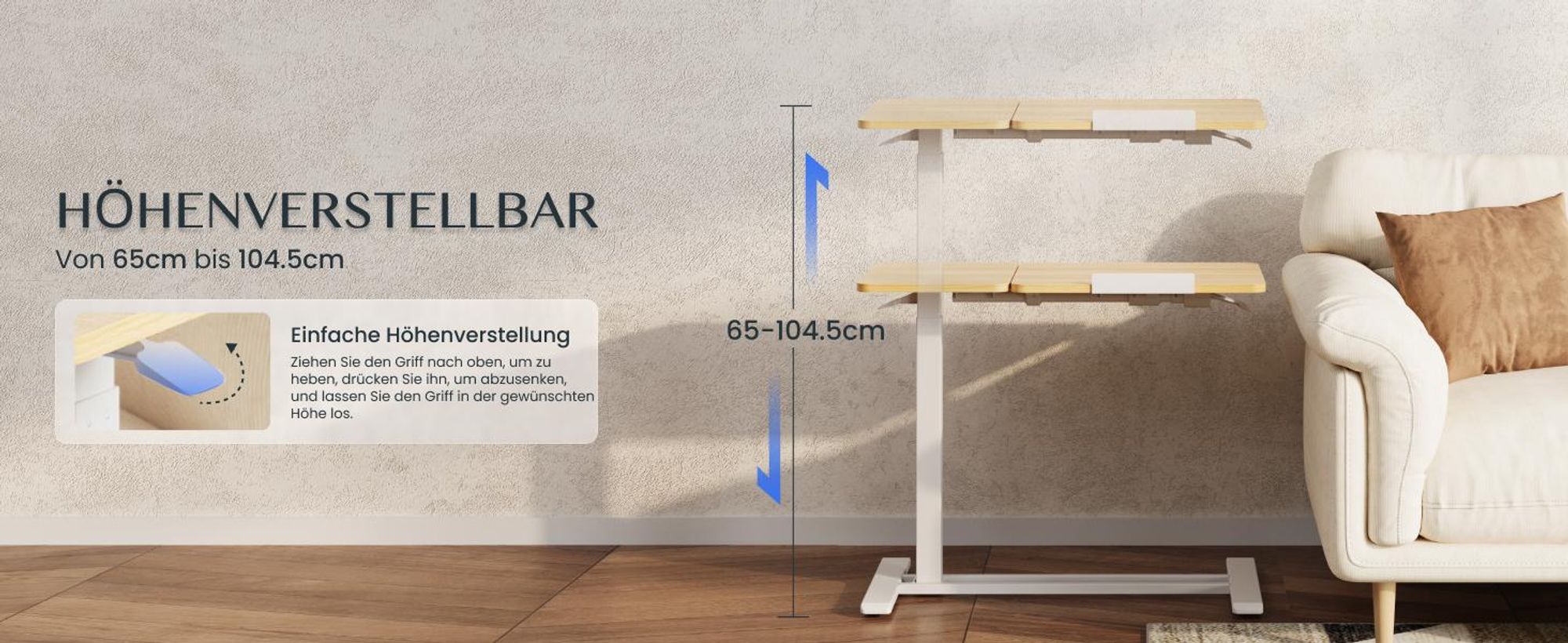 FLEXISPOT Beistelltisch Höhenverstellbar 80x40cm, Laptoptisch mit Neigbarer Desktop, Betttisch mit Rollen, für Wohnzimmer und Schlafzimmer, Ahorn
