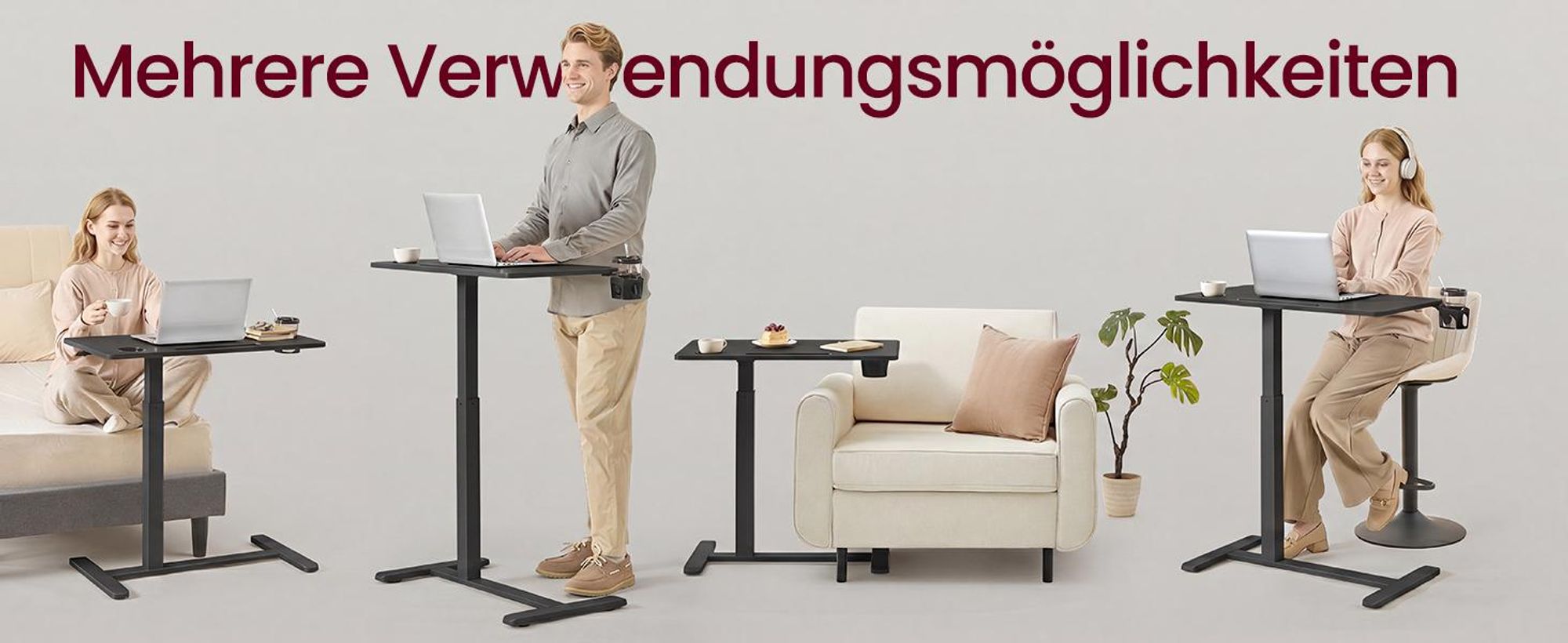 VASAGLE Stehtisch, Beistelltisch mit Rollen, 80 x 45 cm Tischplatte, verstellbar, 2 Getränkehalter, schwarz