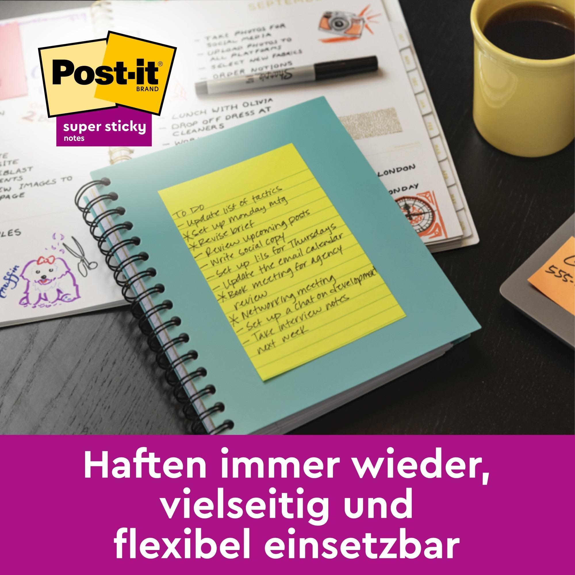 Post-it® Super Sticky Meeting Notes Neonfarben Haftnotizen 203x152mm 4 Blöcke