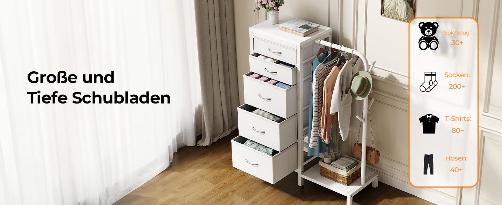 Standgarderobe Garderobenständer Kleiderständer Garderobe mit 5 Stoff Schubladen, Kommodeschrank mit Kleiderstange