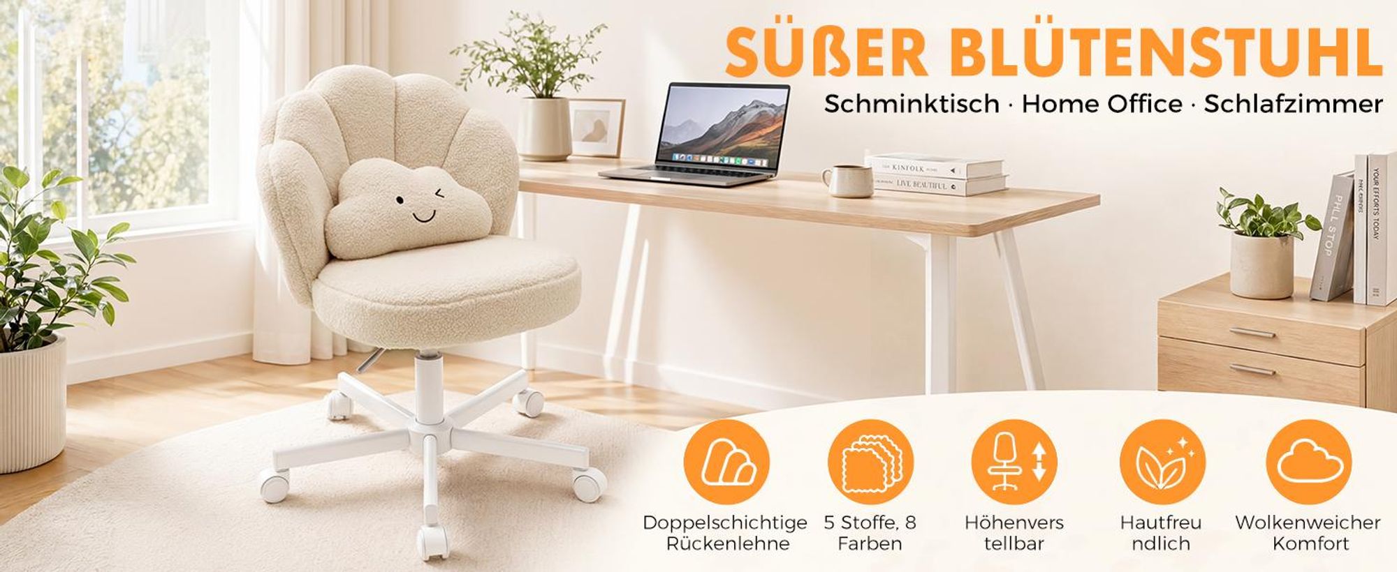 COMHOMA Bürostuhl Schreibtischstuhl, Schminkstuhl mit Rollen Doppelter Rückenlehne und Wolkenkissen, Höhenverstellbarer Drehstuhl, Teddystoff, Beige