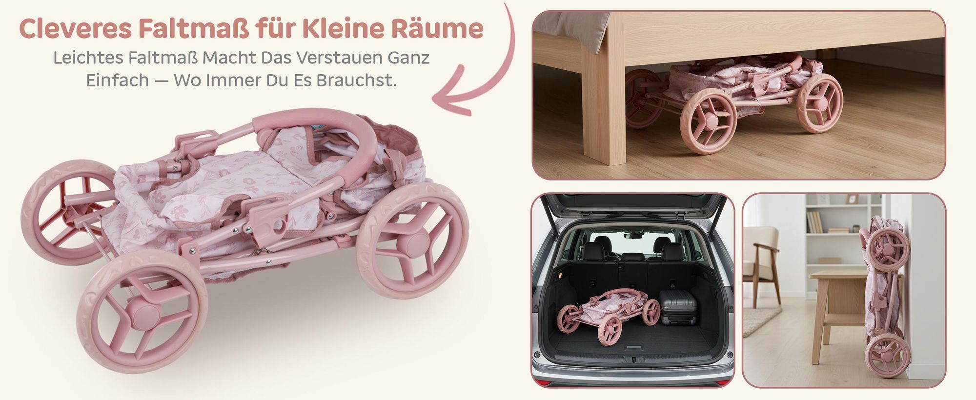 Puppenwagen mit Tasche und Klappdach – Kinderwagen für Puppen – rosa, höhenverstellbare Griffhöhe ca. 54 cm