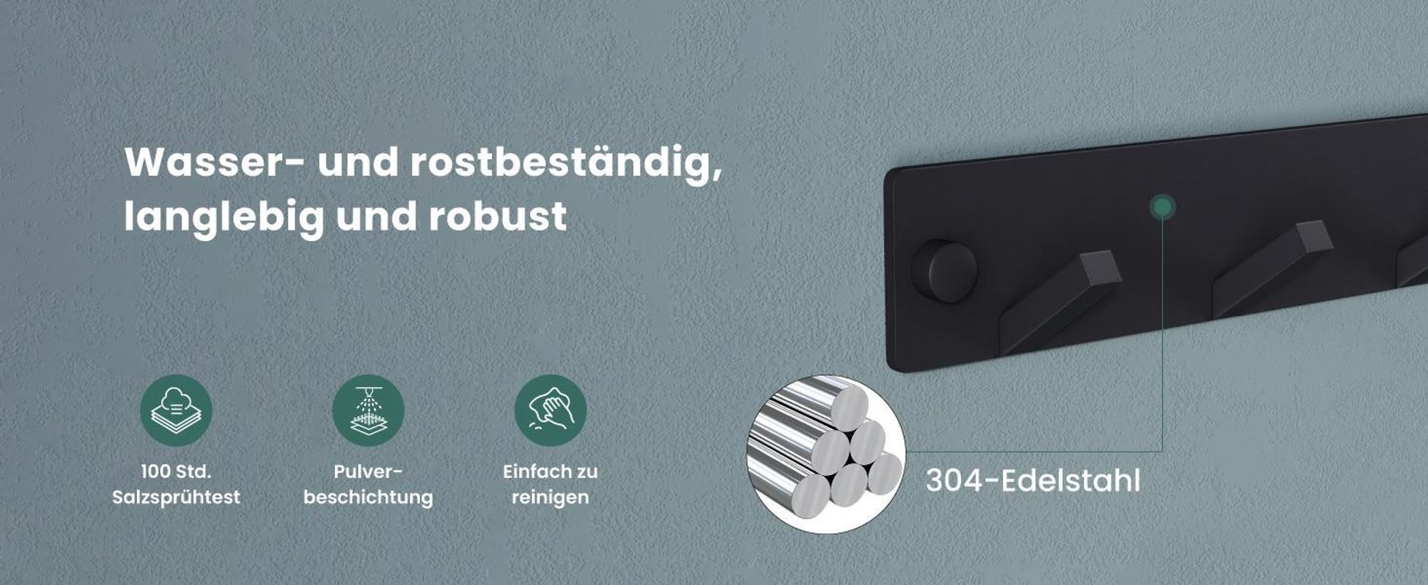 Mai & Mai Kleiderhaken Wandgarderobe Wandhaken aus Edelstahl mit 5 Haken Garderobenleiste Garderobenhaken 30cm Matt weiß Stalo-05