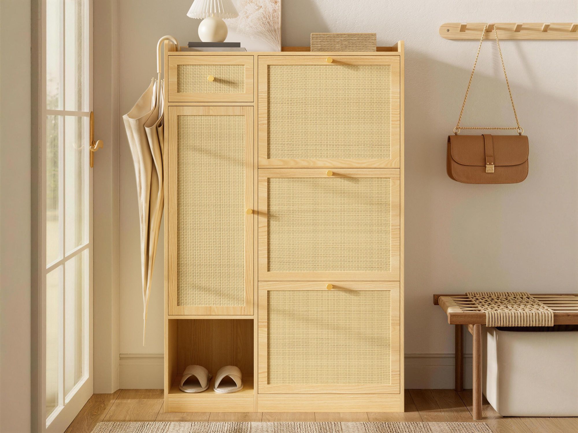 Merax Schuhschrank mit 3 Klappfächern, Rattan Schuhkipper mit Schublade und Tür, schmaler Schuhschrank für Flur Eingangsbereich Aufbewahrung, Natur