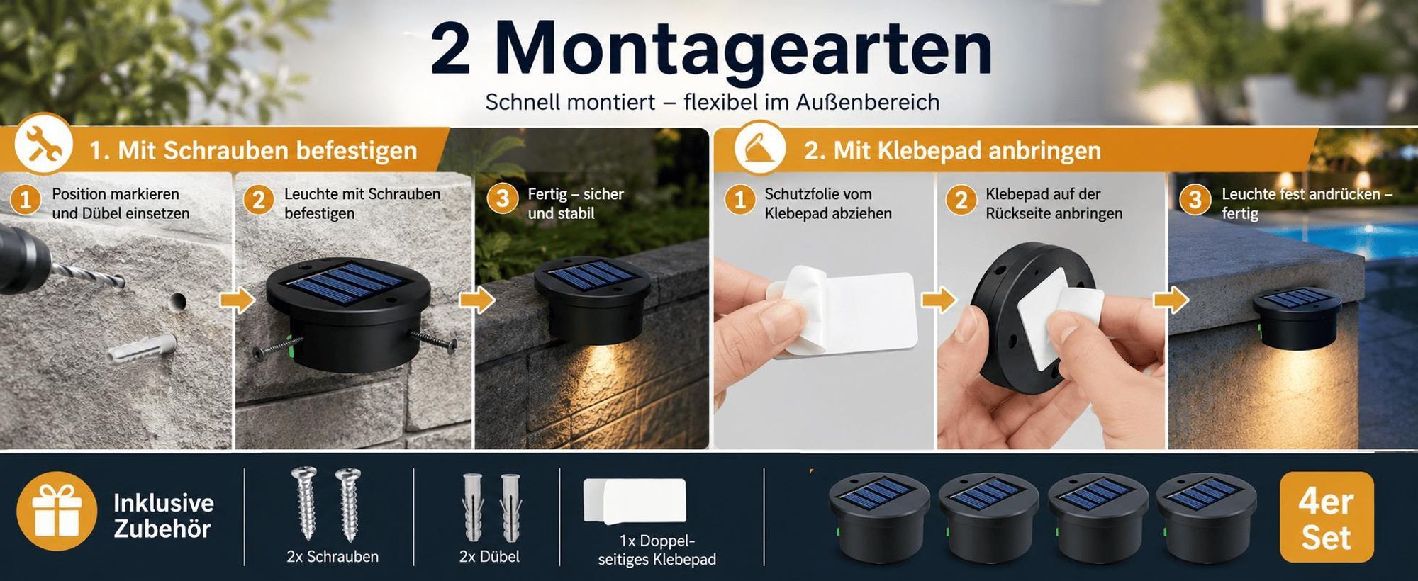 4er Set Solarleuchten Garten, wasserdicht IP65, 6 Farben LED, 10H Leuchtdauer, automatische Einschaltung bei Dunkelheit (Lichtsensor)