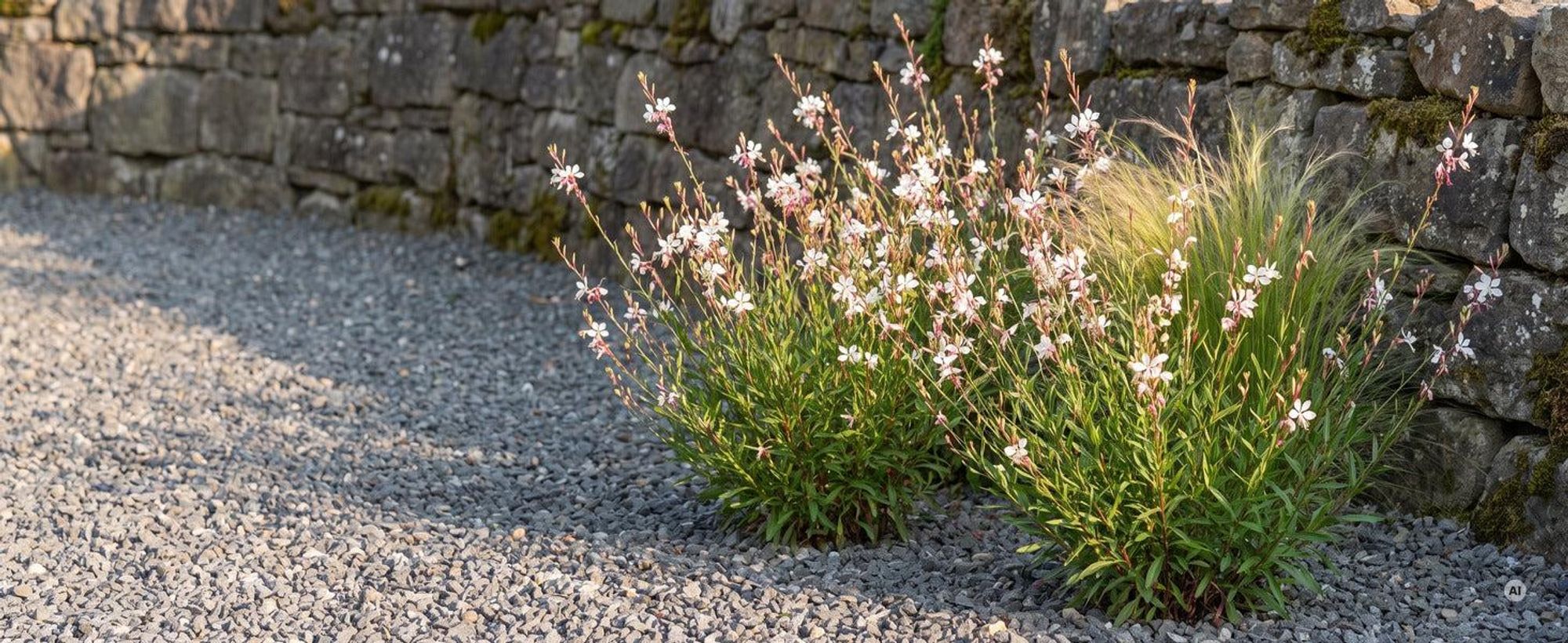 Drei blühende Prachtkerzen 'Whirling Butterflies' im sonnigen Kiesbeet