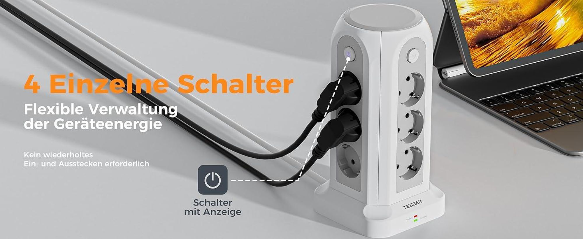 TESSAN 12 Fach Mehrfachsteckdose mit 2 USB C und 4 USB A Verlängerungskabel 5M Überspannungsschutz Steckdosenturm 3680W