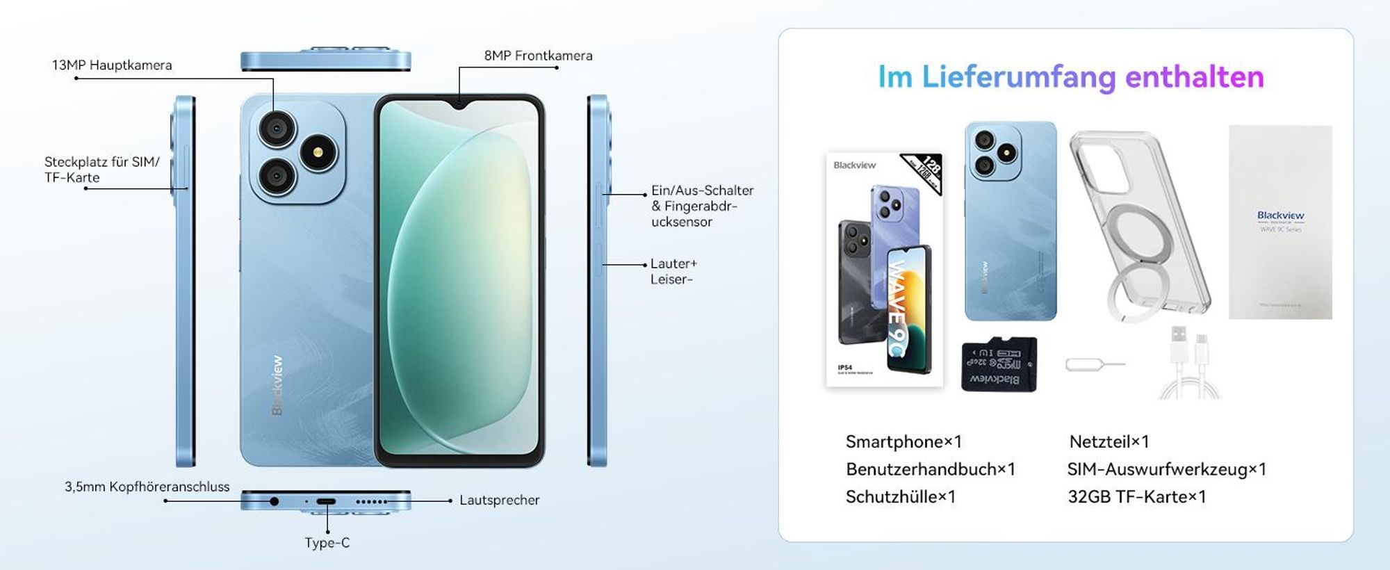 Blackview Wave 9C  6.56" Handy Ohne Vertrag, 12+64GB, 5000mAh, Dual SIM, Android 15, 1080P, Face ID, Fingerabdruck-Entsperrung