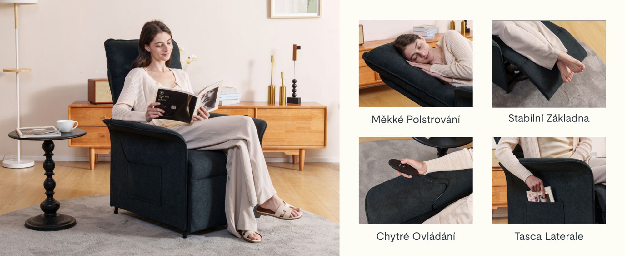 Elektrické polohovací křeslo FLEXISPOT s funkcí naklápění 105°-155°, nastavitelné TV a polohovací křeslo do obývacího pokoje, opěrka zad a nohou (tmavě šedá)