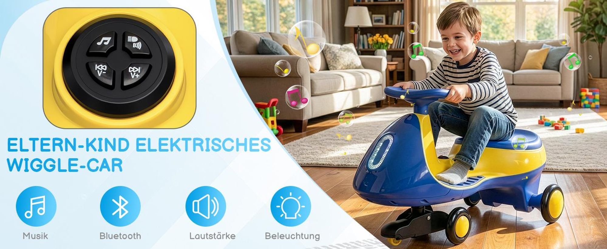 Kinder-Elektroauto 12V, Elektrisches Rutschauto mit Pedal, 2 Geschwindigkeiten und Kippschutz, Bluetooth, für Kinder ab 3 Jahren, Blau & Gelb
