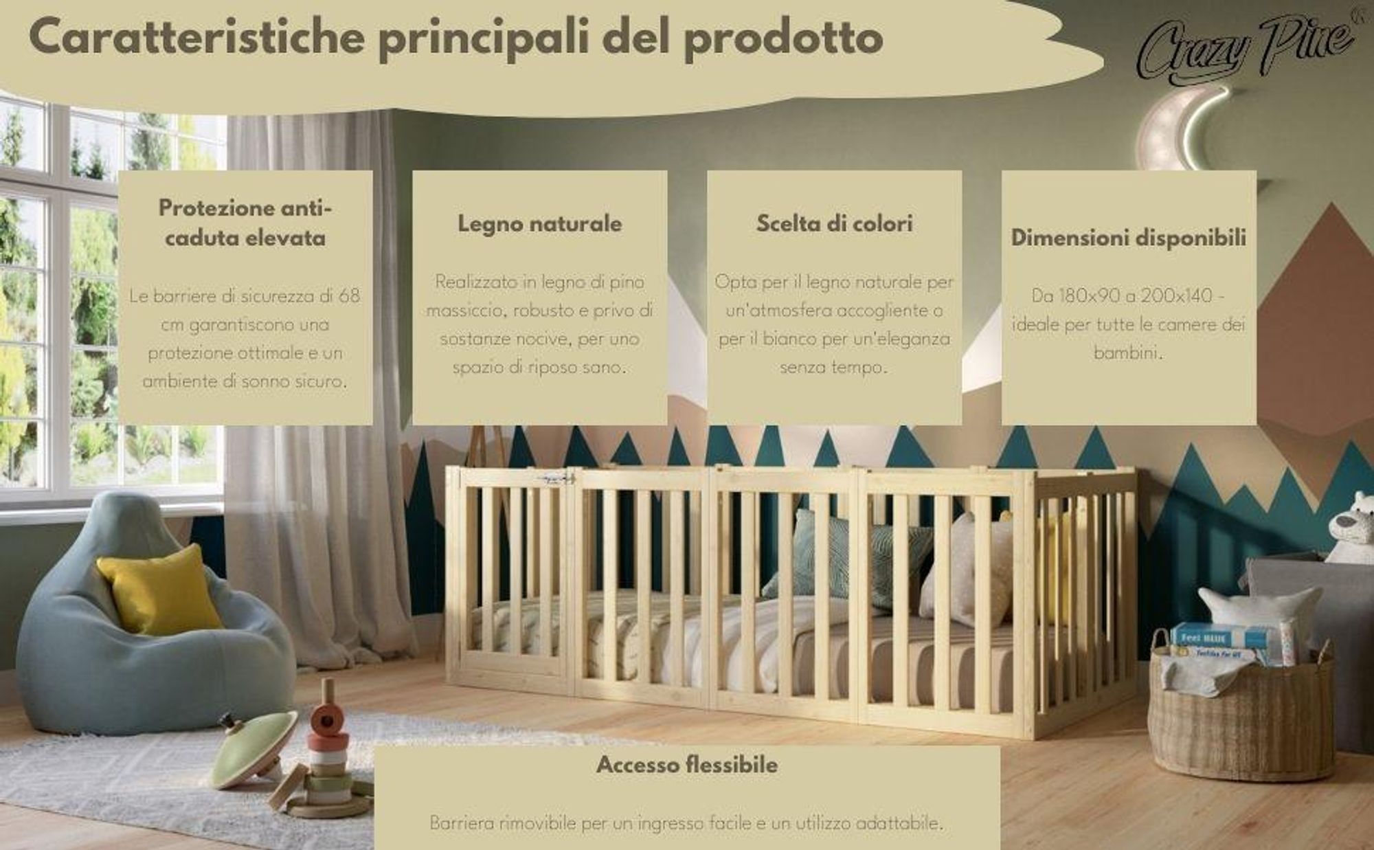 Crazy Pine Letto per Bambini 140x190 cm – Letto Montessori Bianco da Pavimento in Legno – Barriera Apribile e Protezione 73 cm – Crazy John