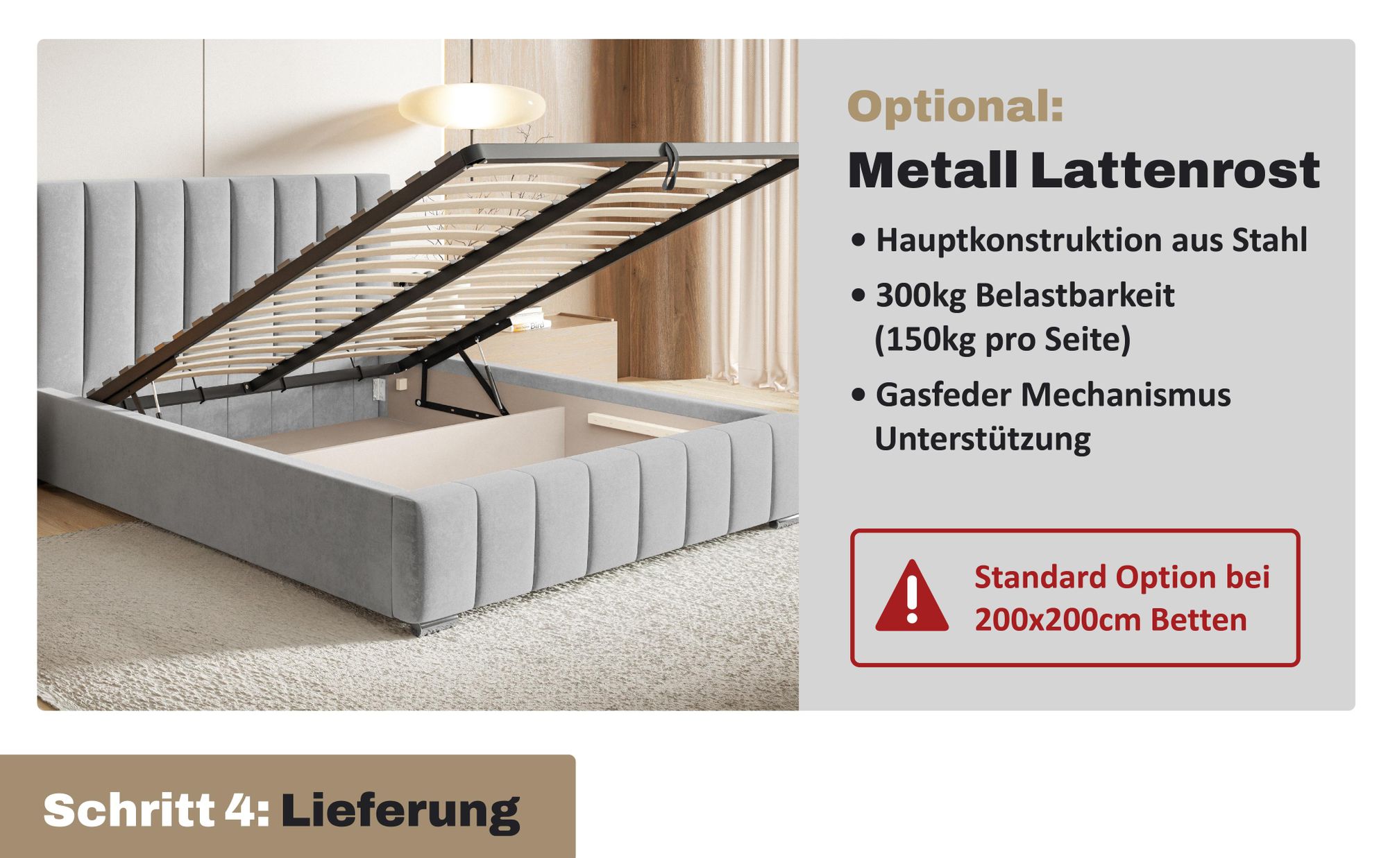 MOTIVENA Vigo Polsterbett 200x200 mit Bettkasten, Metall Lattenrost, Bett 200x200 Beige Samt (Jasmine 24)