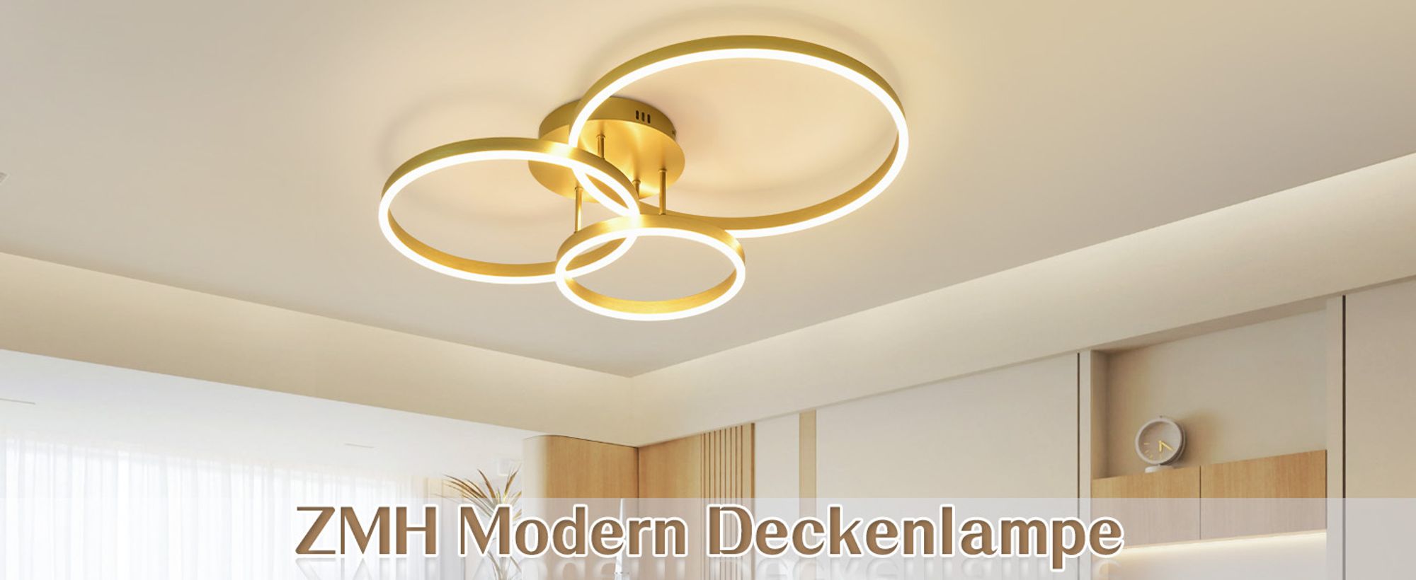 ZMH LED Deckenleuchte Dimmbar 82CM Gold Schlafzimmerlampe mit Fernbedienung Deckenlampe 74W 3 Ring Deckenbeleuchtung für Schlafzimmer Küche