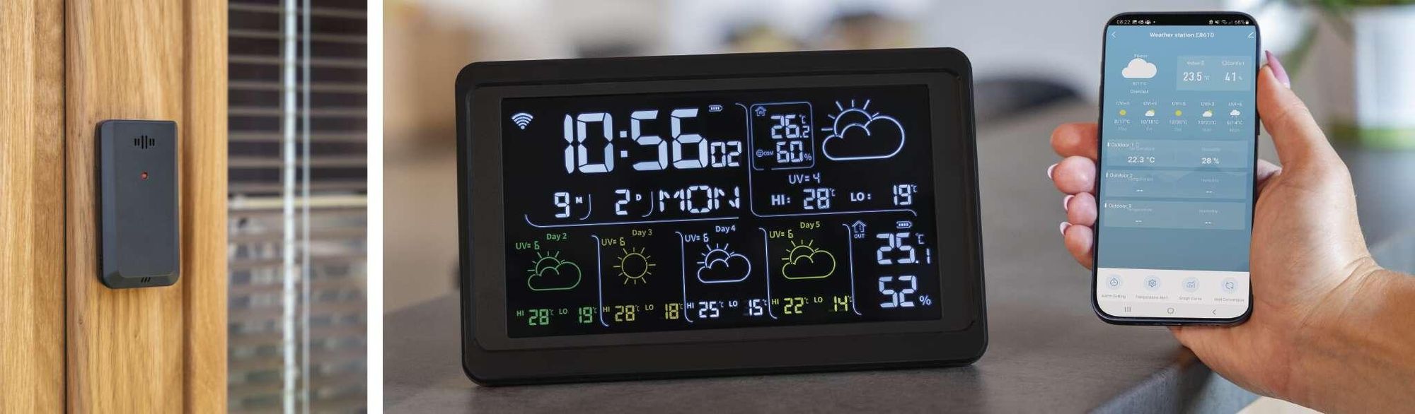 EMOS GoSmart WiFi-Wetterstation mit Funk-Außensensor und App, Farbdisplay, 5-Tage-Wettervorhersage; Tuya, Smartlife kompatibel, inkl. Netzteil, E8610