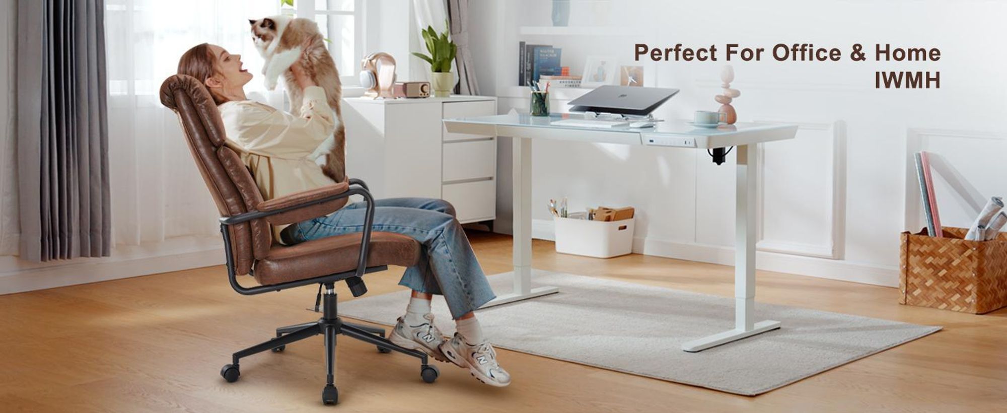 IWMH Kunstleder Chefsessel, Ergonomisch Bürostuhl, Retro Drehstuhl mit Lendenstützte, Homeoffice Schreibtischstuhl für Büro Arbeitszimmer Gaming - Braun