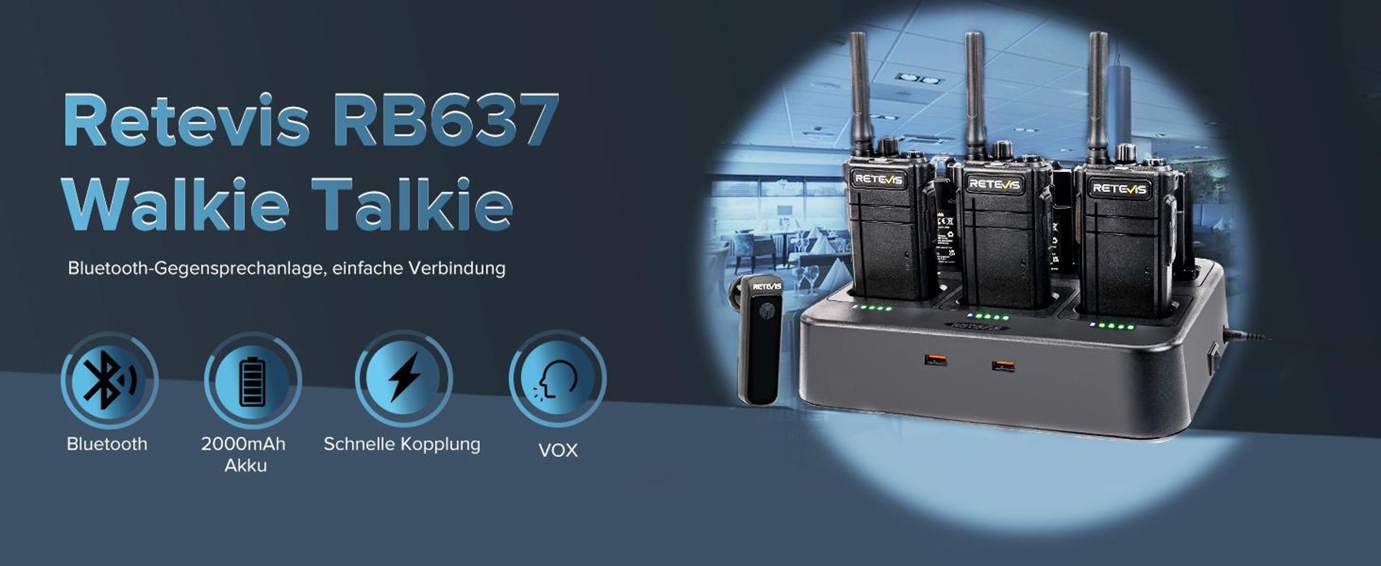 Retevis RB637 Funkgeräte, PMR446 Walkie Talkies, mit Kabellosem Bluetooth Headset, 2000 mAh, VOX, mit 6-Wege-Ladegerät, für Hotel, Restaurant