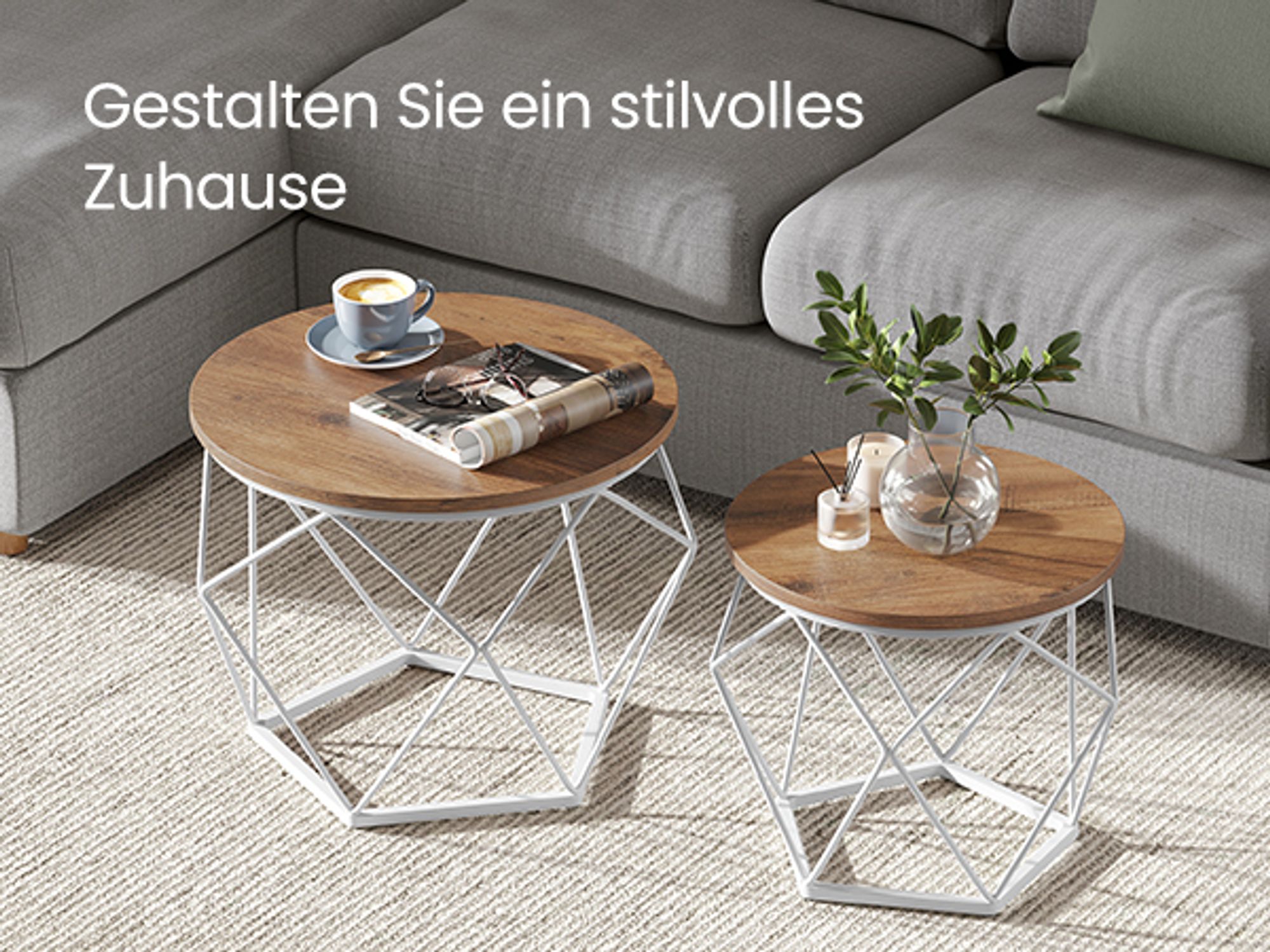 VASAGLE Beistelltisch, 2er Set, abnehmbare Tischplatte, honigbraun-wolkenweiß