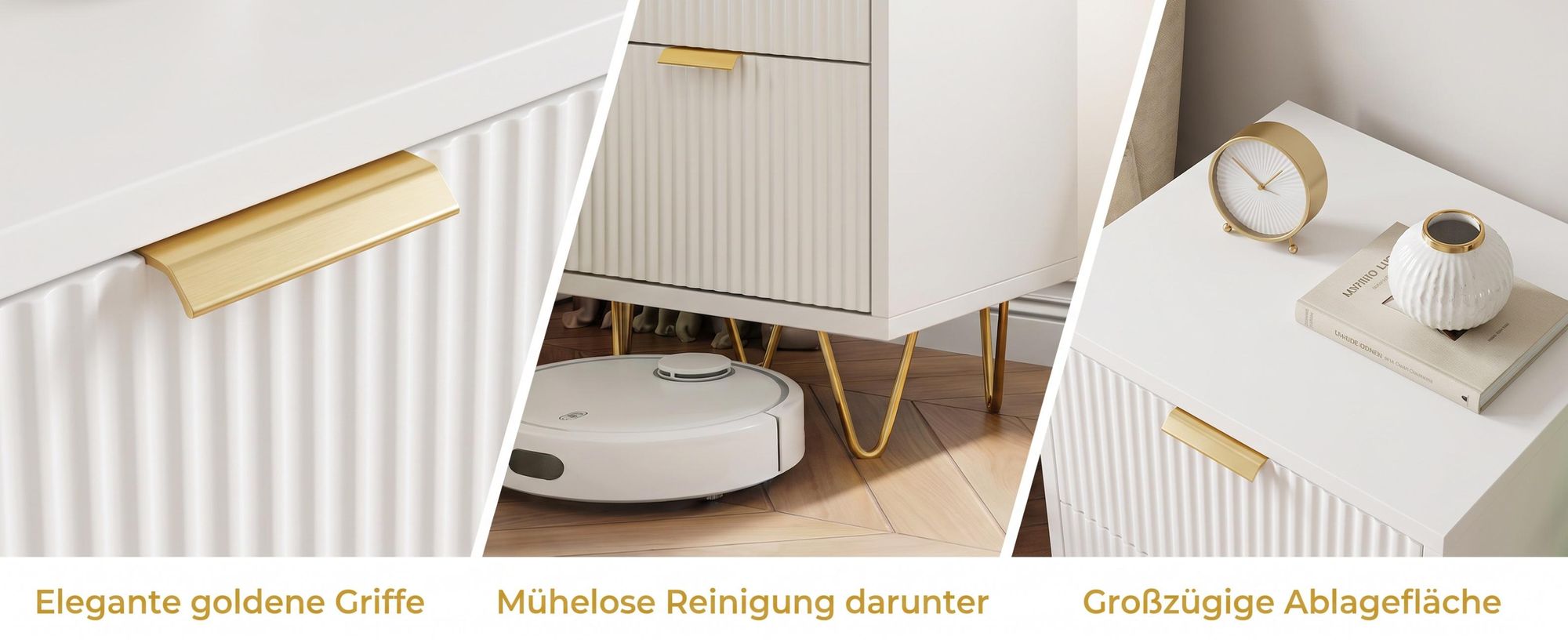 INONEFT 2er Set Nachttische mit 2 Schubladen, Beistelltisch mit Goldgriffen & Metallfüßen, 2 stücke, Nachtschrank Maße 40 x 40 x 55 cm, Weiß