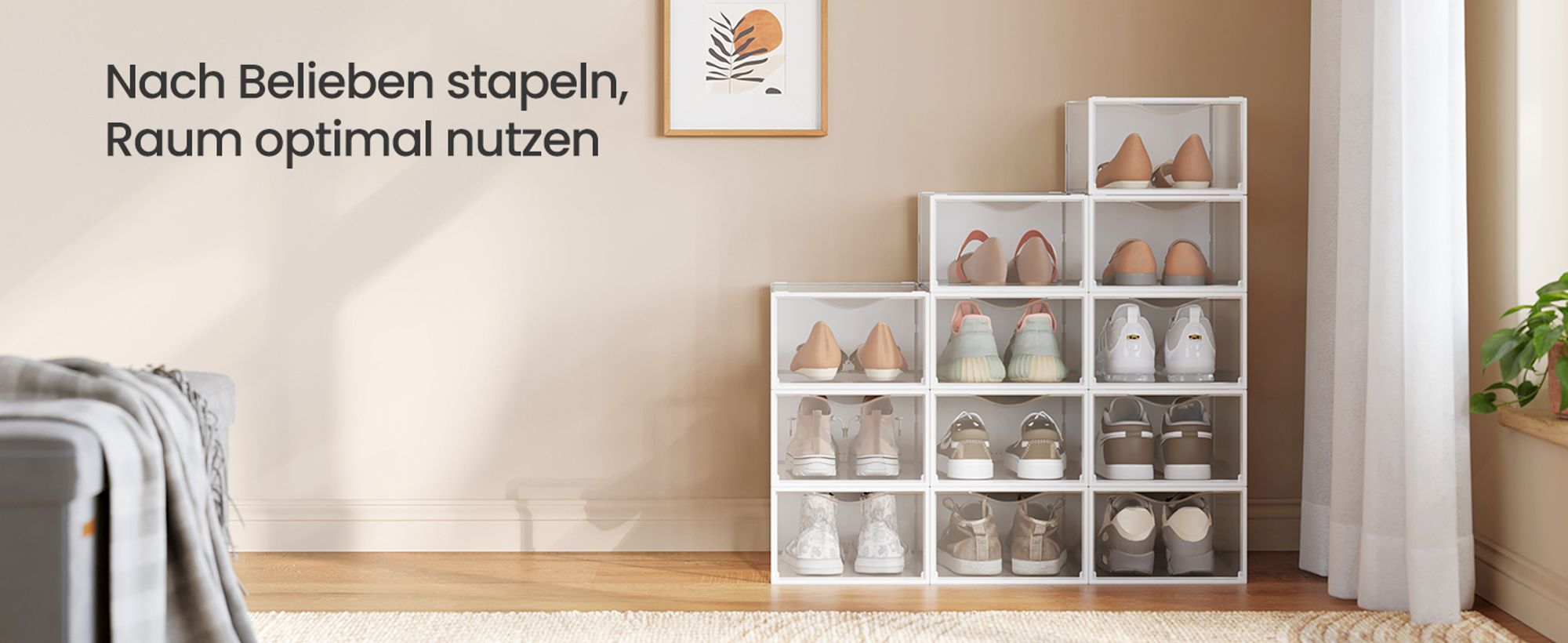 Schuhboxen, 12er Set, durchsichtig, aus Kunststoff, mit Tür, stapelbar, 33,2 x 23 x 14,5 cm, transparent-wolkenweiß