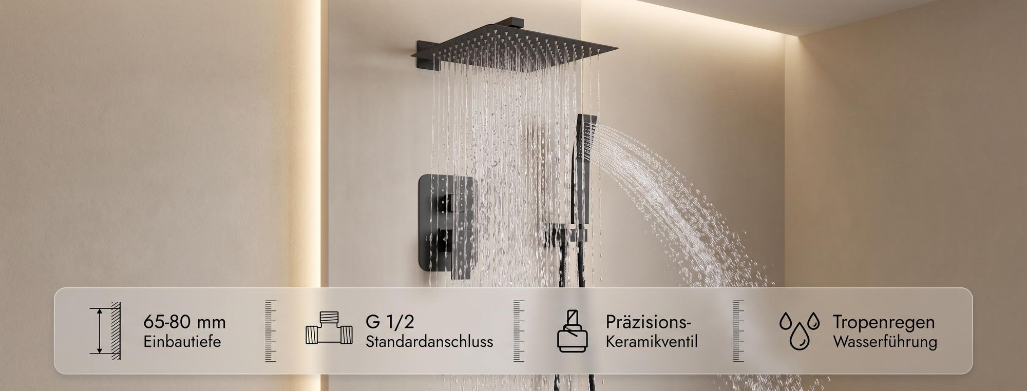 ROSEJANE Unterputz Duscharmatur Set mit Regendusche 30 × 30 cm, Duschsystem mit Kopfbrause und Handbrause, Edelstahl, G1/2, Matt-Schwarz