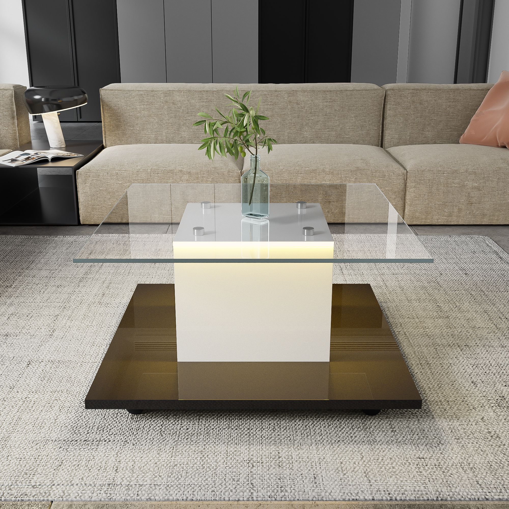 Merax Couchtisch mit LED und Rollen, Beistelltisch hochglanz Wohnzimmertisch mit Glasplatte, Wohnzimmertisch 80x80x40 cm, Weiß/Schwarz