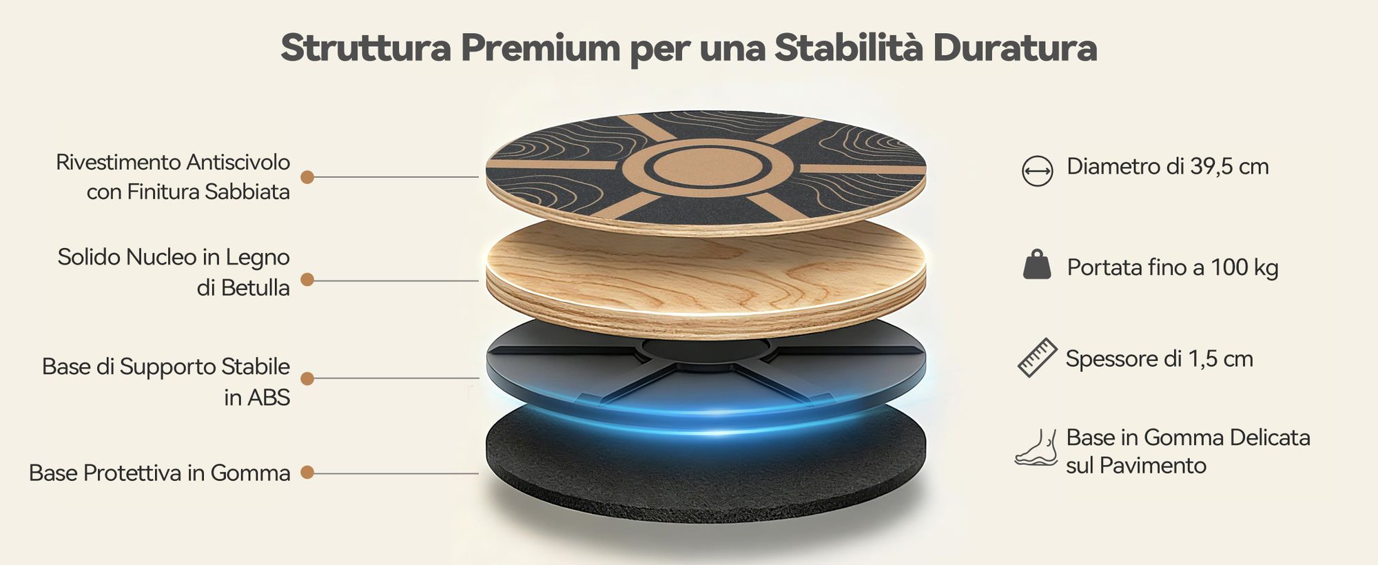 FunLife Balance Board rotonda in legno di betulla TERRA – Attrezzo per l'allenamento dell'equilibrio a 360° e del core, antiscivolo e resistente, Core Disc fino a 100 kg