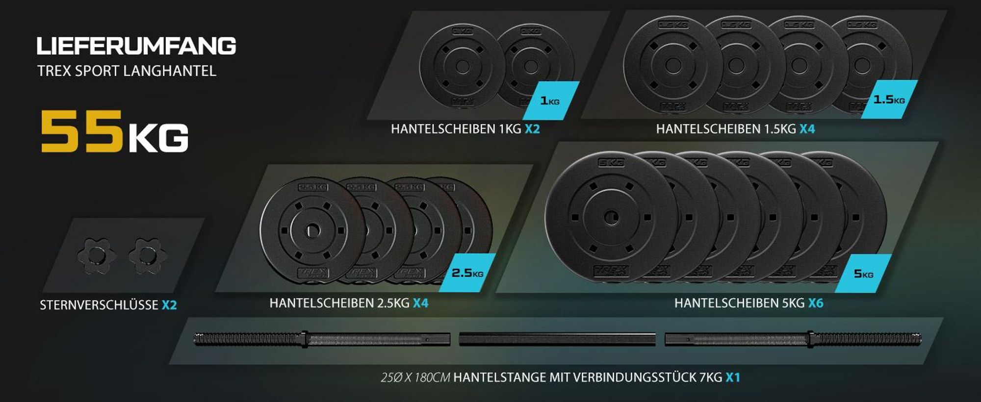 TREX SPORT Langhantel Set TX-055SG | Hantelset 55 kg mit Langhantelstange 180 cm, Kunststoff Hantelscheiben, Sternverschlüsse | Home Gym Krafttraining