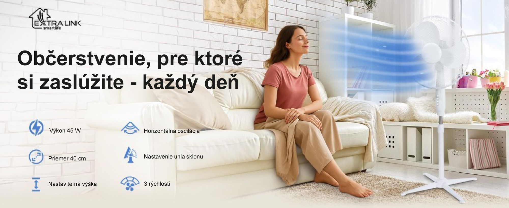Extralink ventilátor 40 cm, 3 rýchlosti, oscilačný, biely