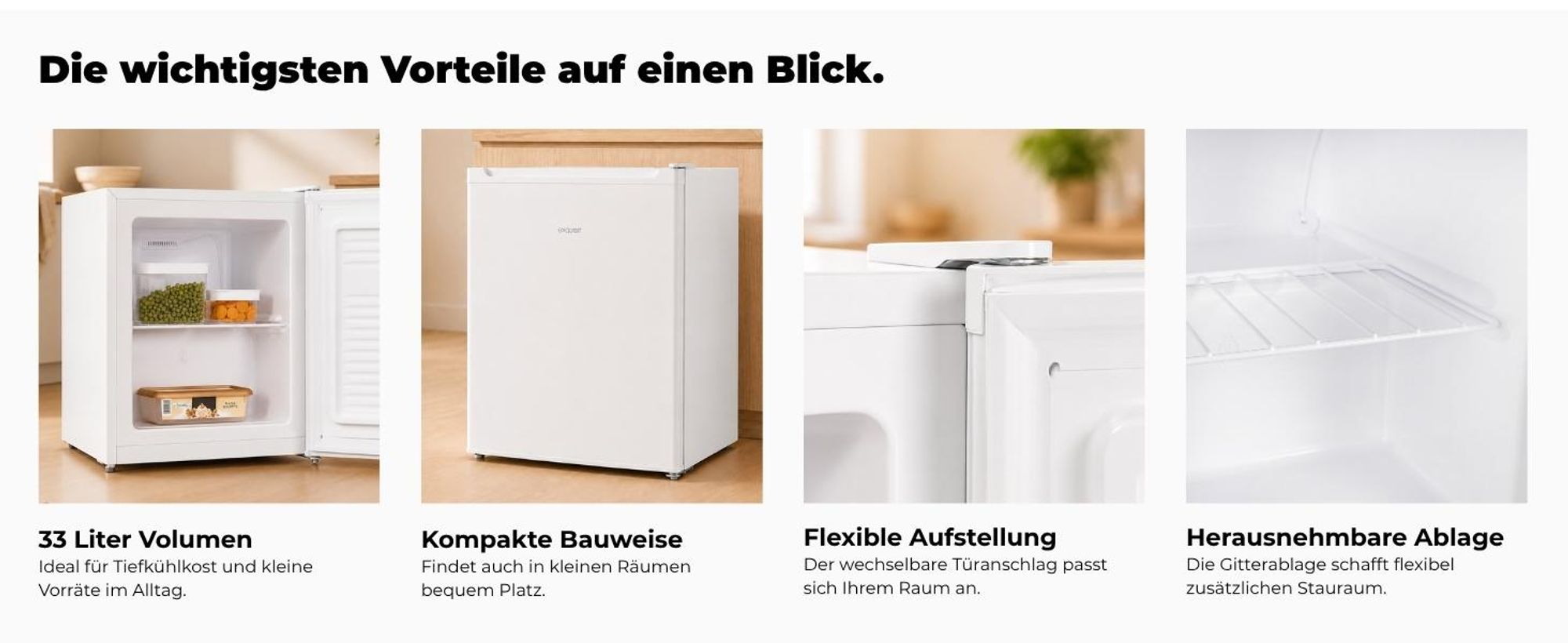 Exquisit Mini-Gefrierschrank, Gefrierschrank klein, 33 Liter, 4-Sterne-Gefrierfach, Kompakt, Temperaturregelung, GB505-040E weiss