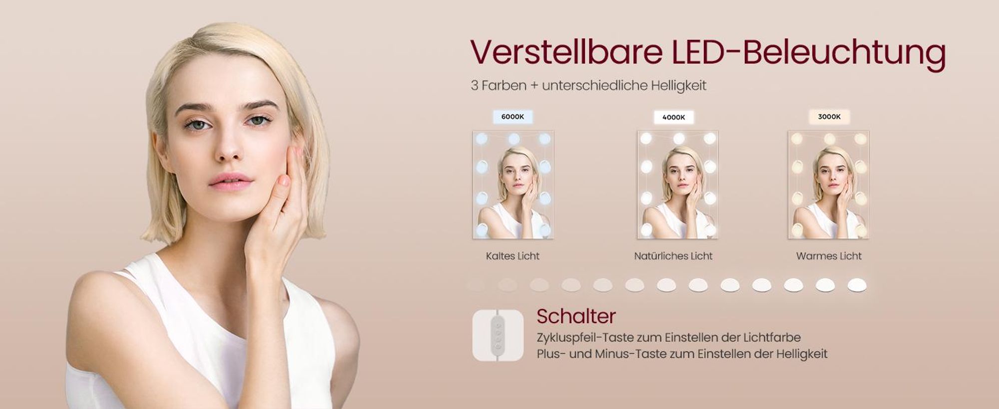 VASAGLE Schminktisch mit 9 LED-Leuchten, 3 einstellbare Lichtfarben Farben, Frisiertisch mit Spiegel, verstellbare Ablagen, 2 Schubladen