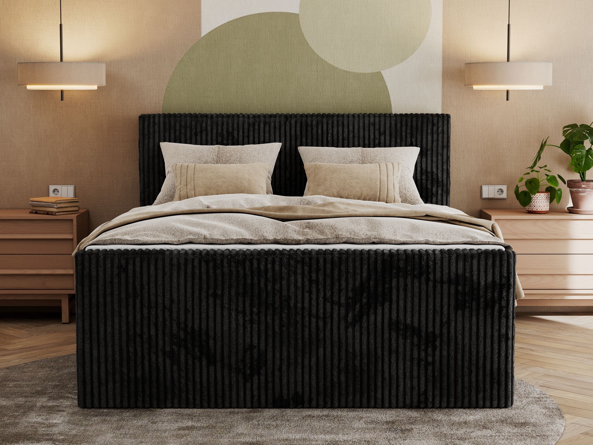 Gepolstertes Bett mit zeitlosem Design und hohem Schlafkomfort.