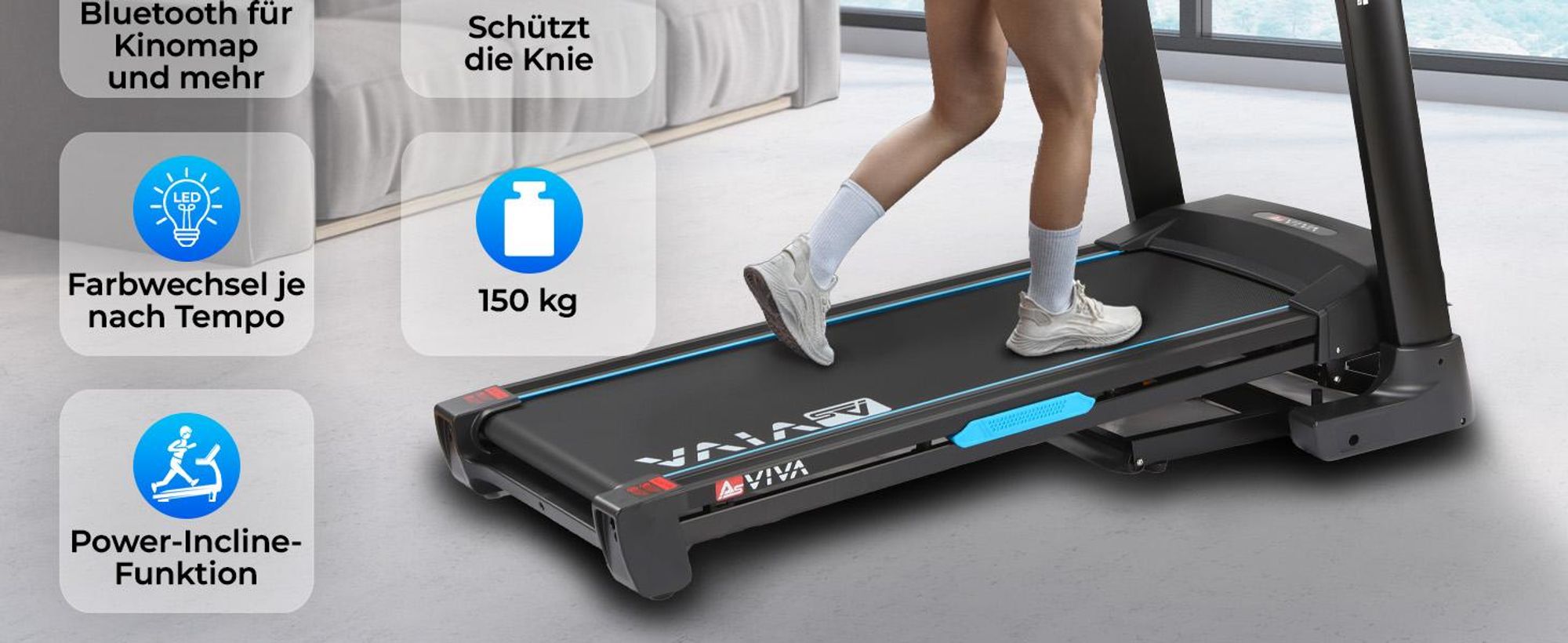 Laufband klappbar AsVIVA T16 Heimtrainer mit Bluetooth bis 18 km/h 18% Steigung bis 150kg für Zuhause