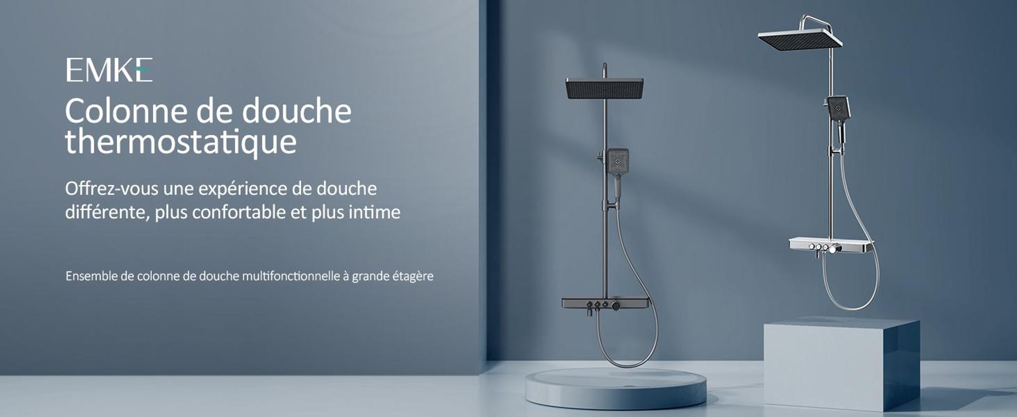 EMKE Système de douche avec thermostat 1146x450x480mm tablette en verre douchette à main avec 3 types de jets douche de pluie, robinetterie de salle de bain & douche, KTW, chrome F10