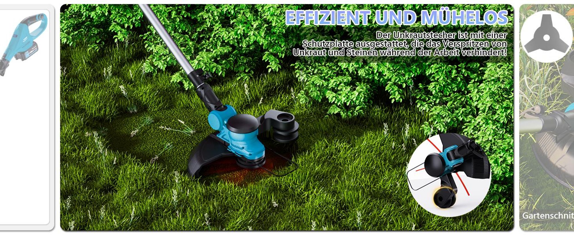 Akku Rasentrimmer 1000W Bürstenloser Motor 4-in-1-Rasentrimmer, mit 21V 2x 4,0Ah Akku Freischneider Gartengeräte, Teleskopstiel, 26 cm Schnittkreis