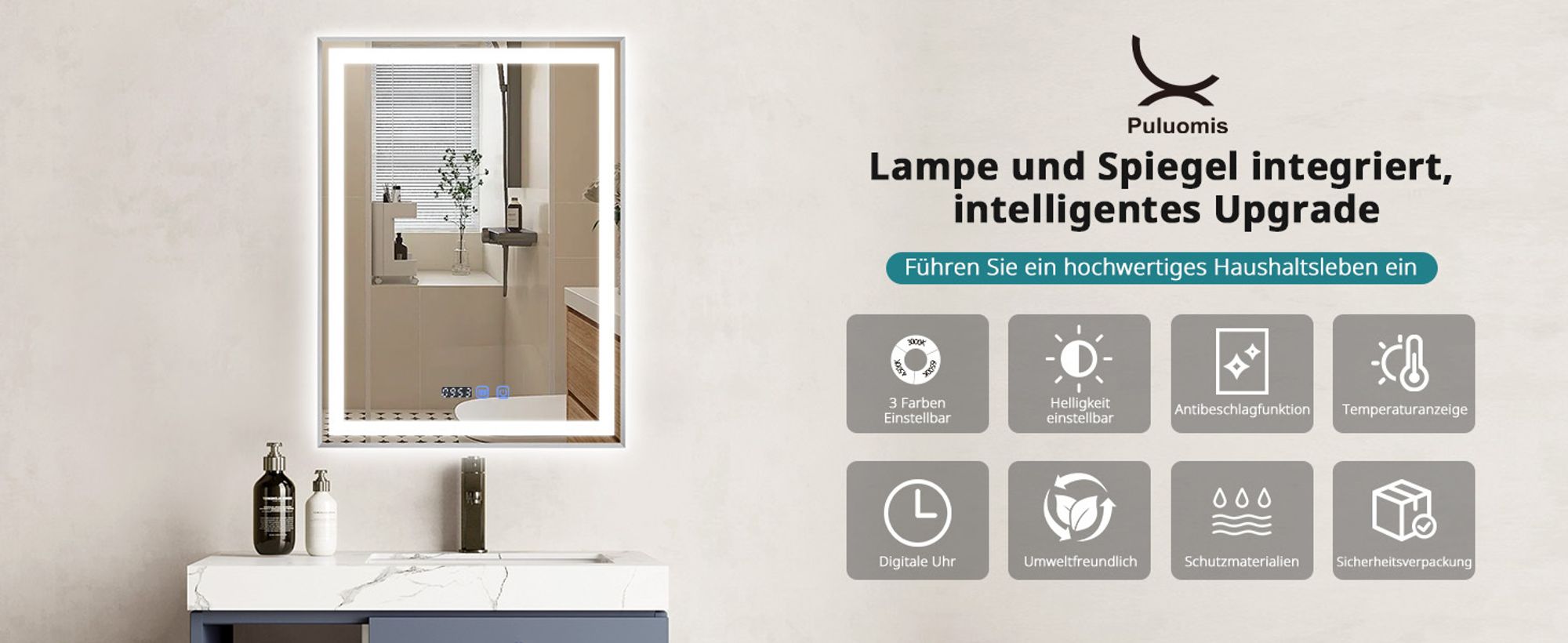 Puluomis Badspiegel 60x80 beschlagfrei mit 3 Farbe Beleuchtung, dimmbare Helligkeit, Badezimmerspiegel mit Digitaluhr, Temperatur silbern